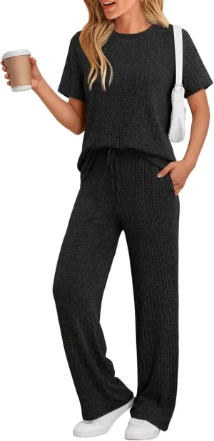 LILLUSORY 2 Piece Lounge Sets for Women Summer Vacation Outfits Matching Casual Wide Leg Pants Sets Ribbed Knit Pajamas 2025