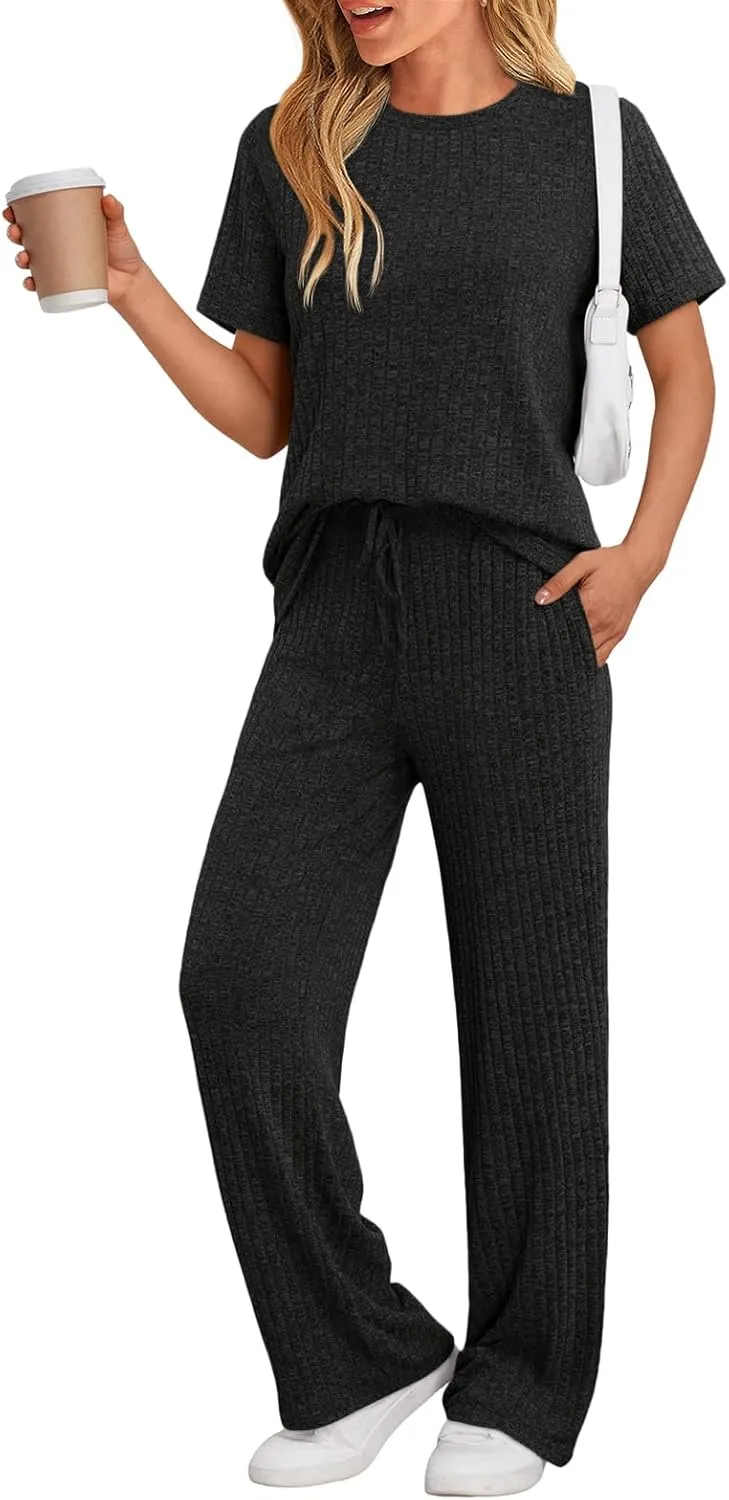 LILLUSORY 2 Piece Lounge Sets for Women Summer Vacation Outfits Matching Casual Wide Leg Pants Sets Ribbed Knit Pajamas 2025