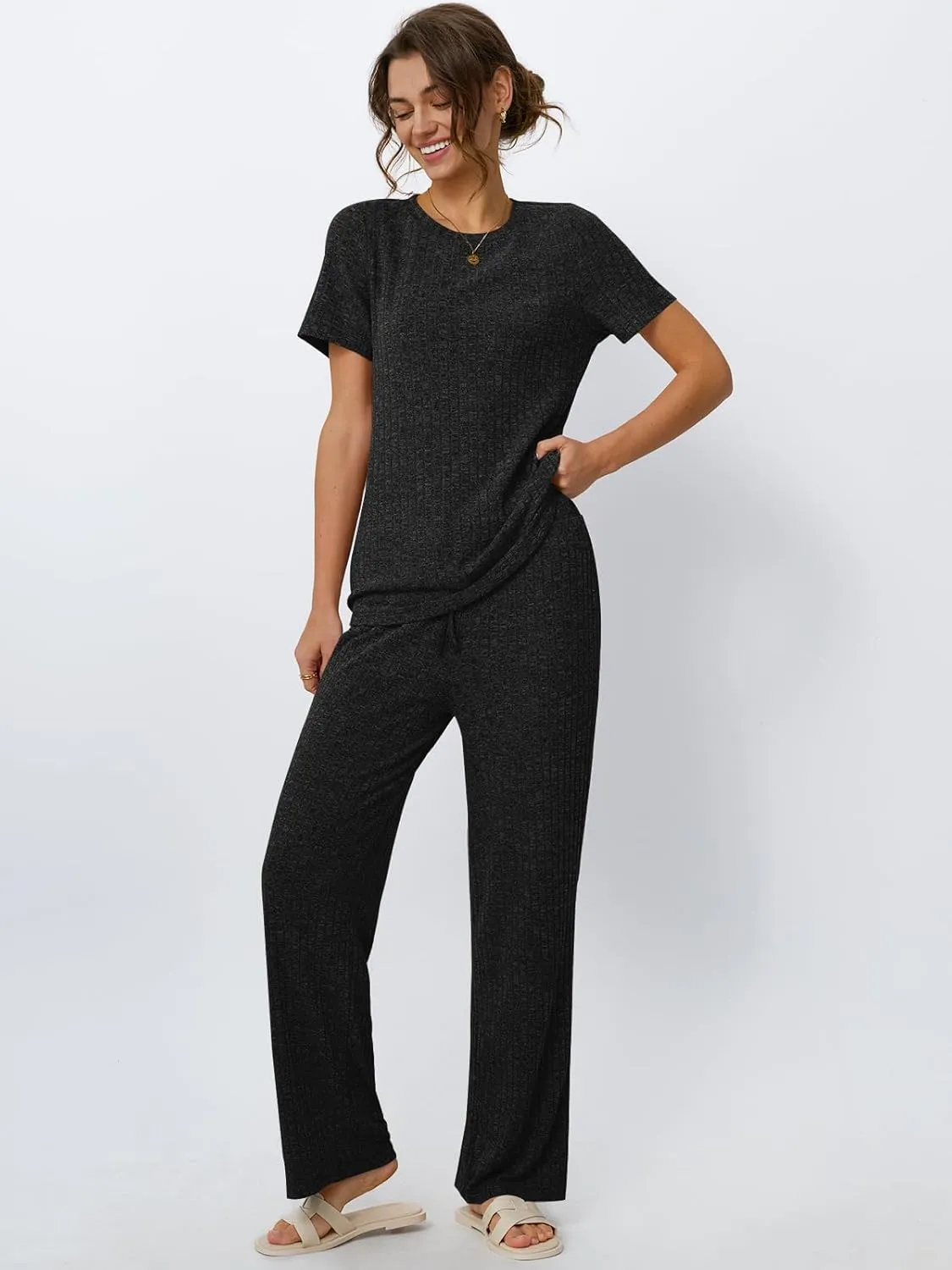 LILLUSORY 2 Piece Lounge Sets for Women Summer Vacation Outfits Matching Casual Wide Leg Pants Sets Ribbed Knit Pajamas 2025