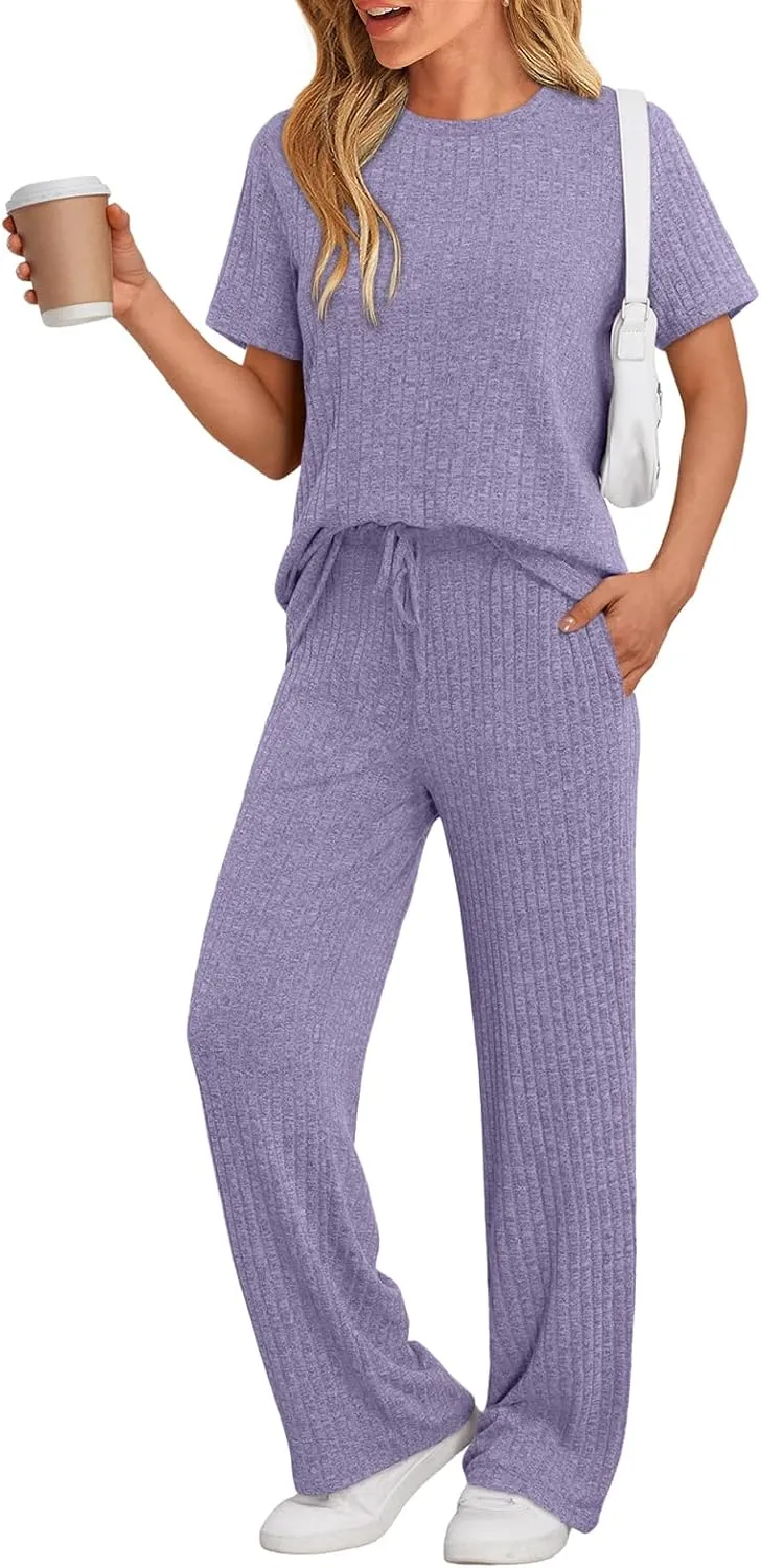 LILLUSORY 2 Piece Lounge Sets for Women Summer Vacation Outfits Matching Casual Wide Leg Pants Sets Ribbed Knit Pajamas 2025