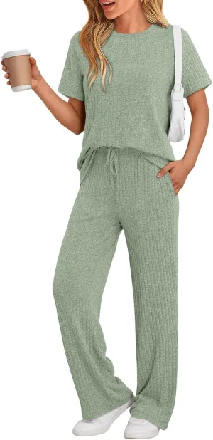 LILLUSORY 2 Piece Lounge Sets for Women Summer Vacation Outfits Matching Casual Wide Leg Pants Sets Ribbed Knit Pajamas 2025