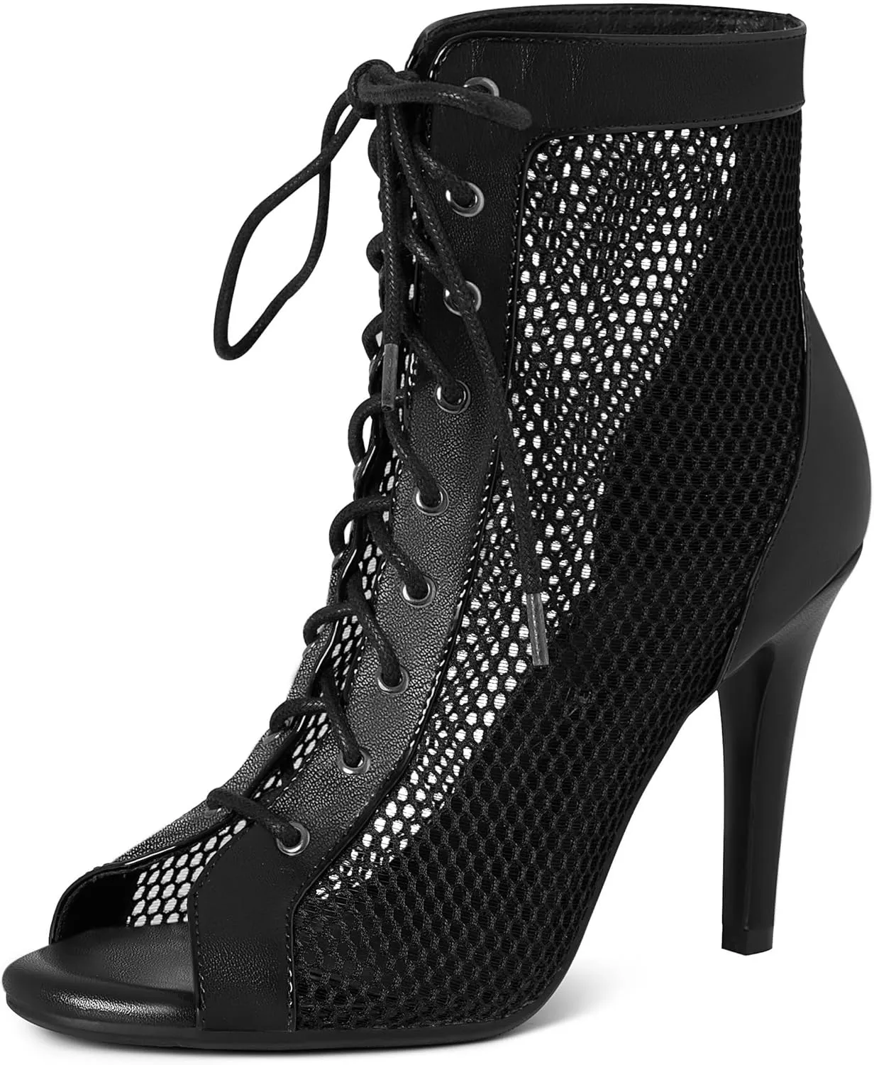 LinnOaks Heeled Sandals for Women Lace up Open Round Toe Stiletto High Heel Sandals Cutout Mesh Gladiator Booties Ladies Dance Heels Black Evening Party Dress Shoes