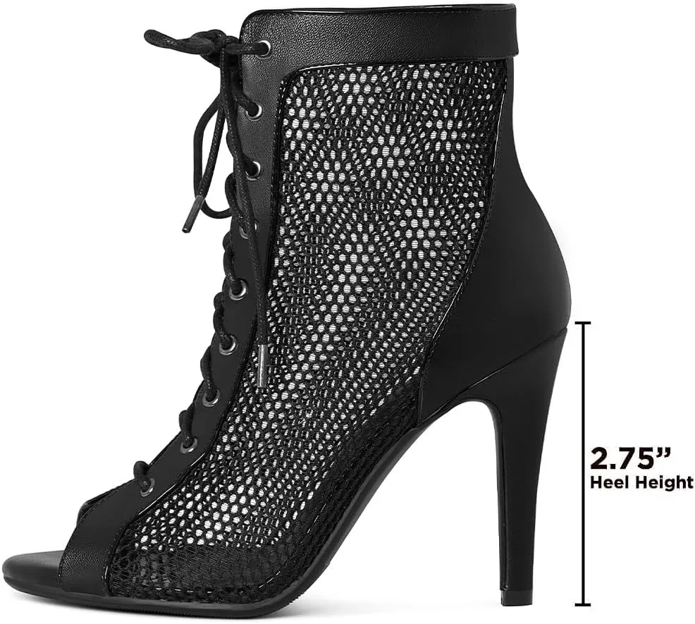 LinnOaks Heeled Sandals for Women Lace up Open Round Toe Stiletto High Heel Sandals Cutout Mesh Gladiator Booties Ladies Dance Heels Black Evening Party Dress Shoes