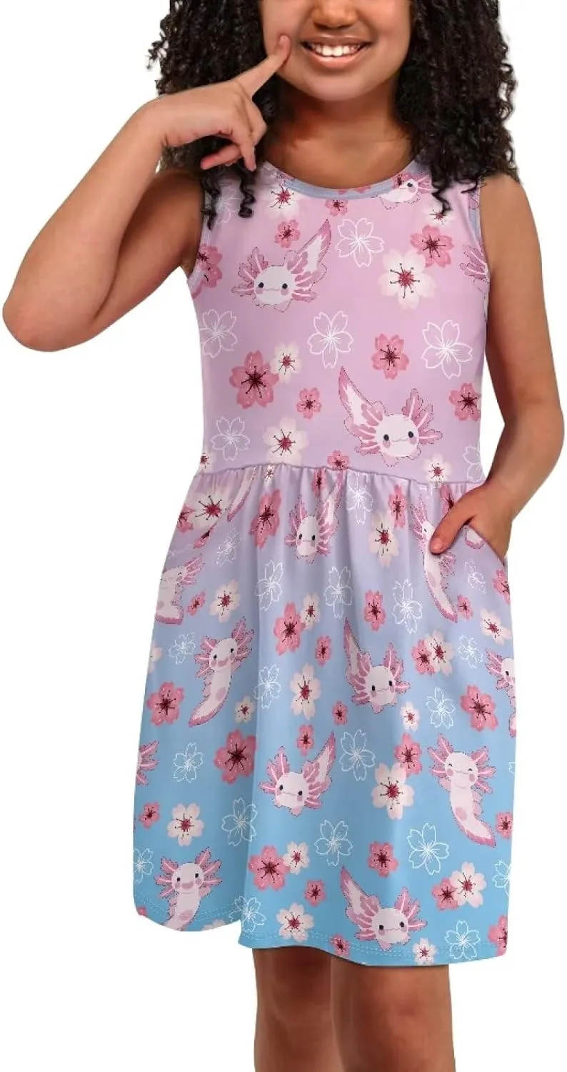 Little Girl Sleeveless Dress Comfy Sundress with Pockets for Kids Girls 4-14 Years Old
