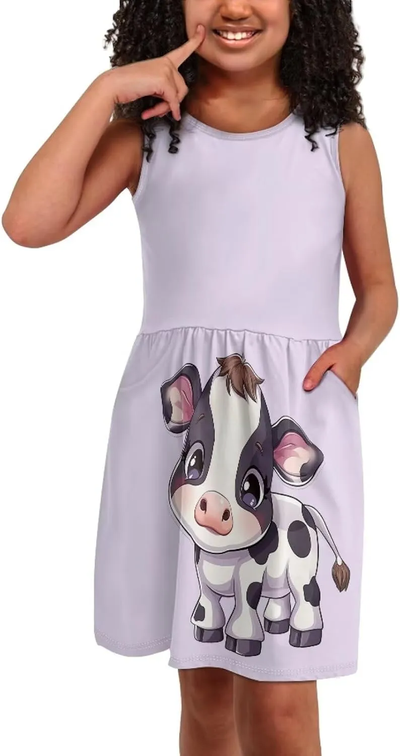 Little Girl Sleeveless Dress Comfy Sundress with Pockets for Kids Girls 4-14 Years Old