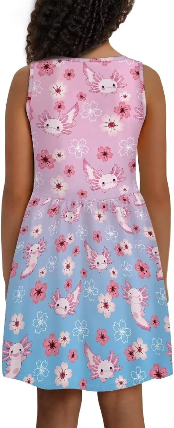 Little Girl Sleeveless Dress Comfy Sundress with Pockets for Kids Girls 4-14 Years Old