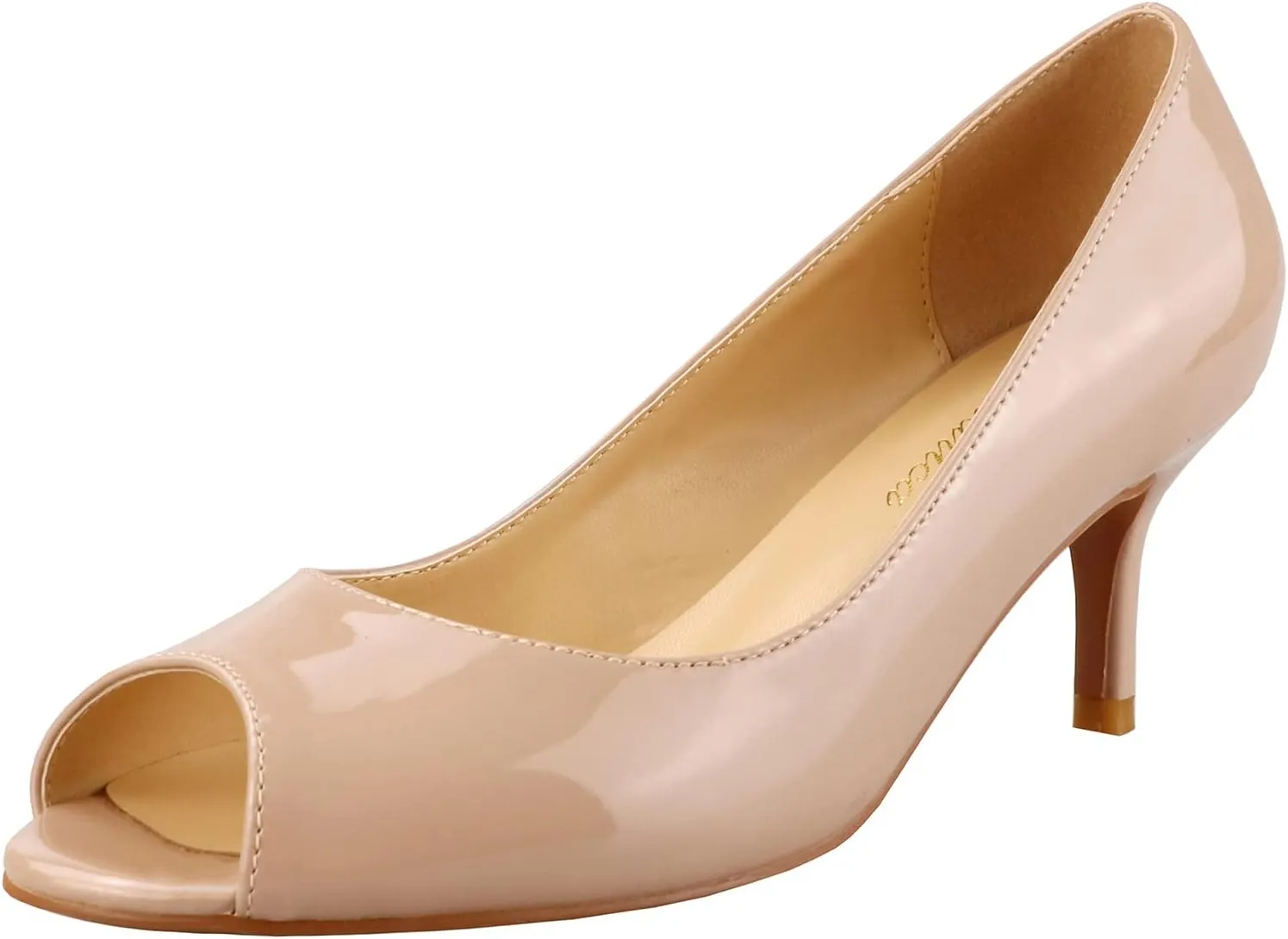 Lutalica W Women's Classic Patent Leather Open Toe Low Kitten Heel Sandals Slip On Medium Heel Peep Toe Dress Pumps Nude Size 11