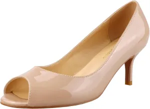 Lutalica W Women's Classic Patent Leather Open Toe Low Kitten Heel Sandals Slip On Medium Heel Peep Toe Dress Pumps Nude Size 11