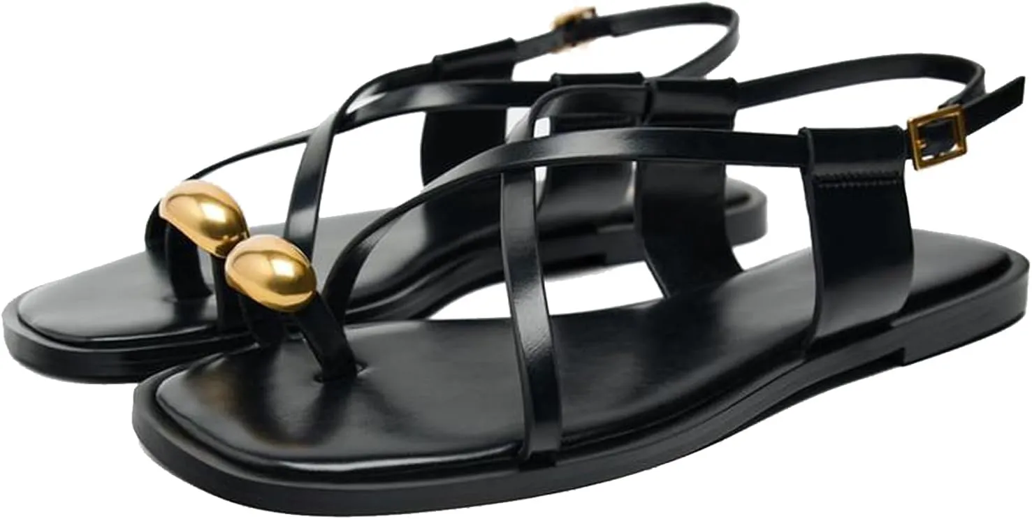 Lymphvity Women's Metal Toe Ring Strappy Flat Sandals Open Square Toe Gladiator Lace Up Sandals With Buckle Strap Casual Summer Beach Slides Sandal