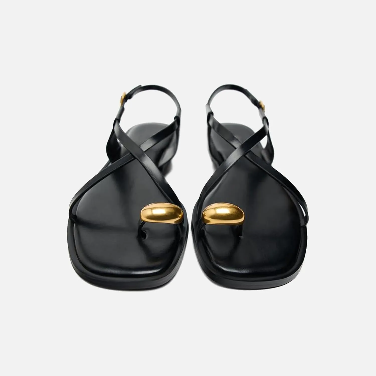 Lymphvity Women's Metal Toe Ring Strappy Flat Sandals Open Square Toe Gladiator Lace Up Sandals With Buckle Strap Casual Summer Beach Slides Sandal