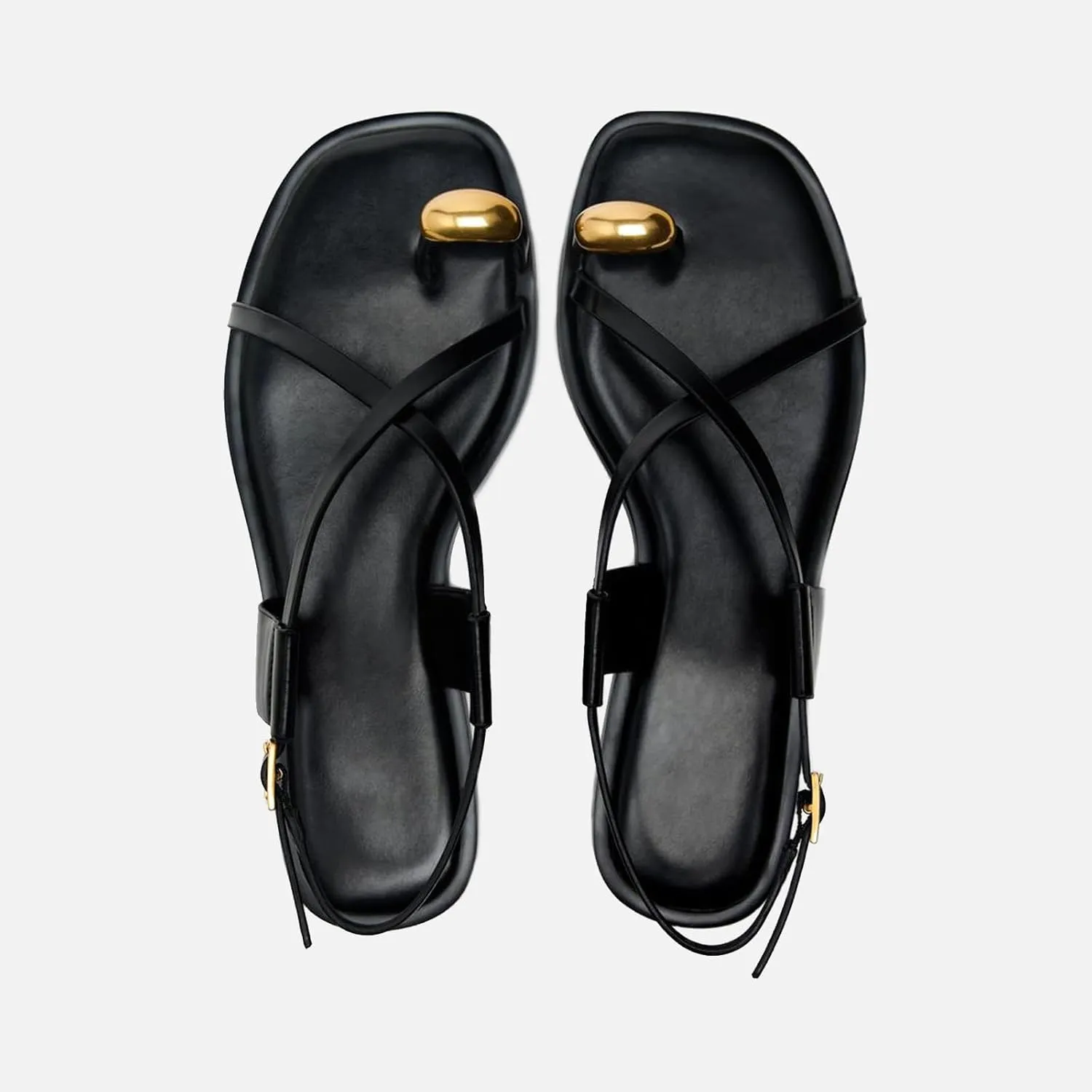 Lymphvity Women's Metal Toe Ring Strappy Flat Sandals Open Square Toe Gladiator Lace Up Sandals With Buckle Strap Casual Summer Beach Slides Sandal