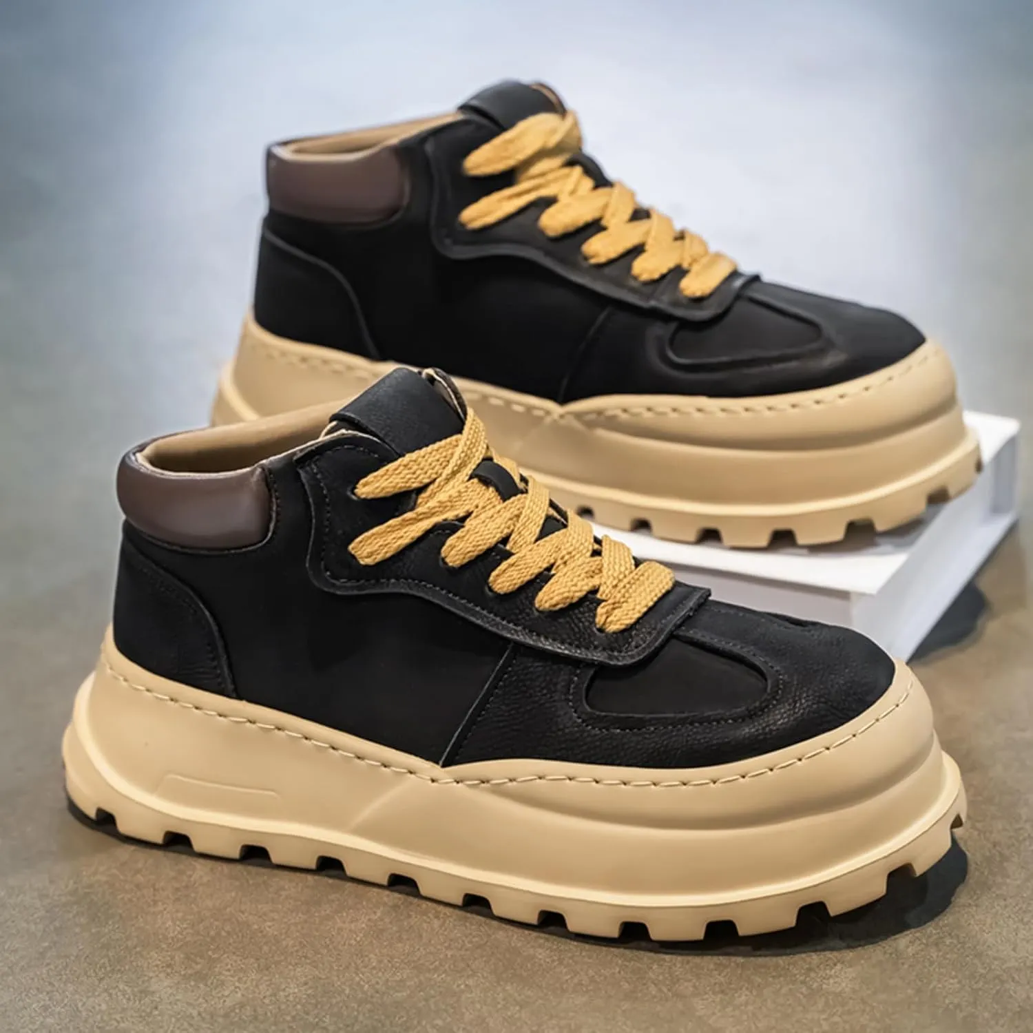Mens Fashion Suede Leather Lace Up Platform Sneakers Casual Retro Round Toe Non Slip Flats Orthotic Sport Shoes for Walking Daily Travel