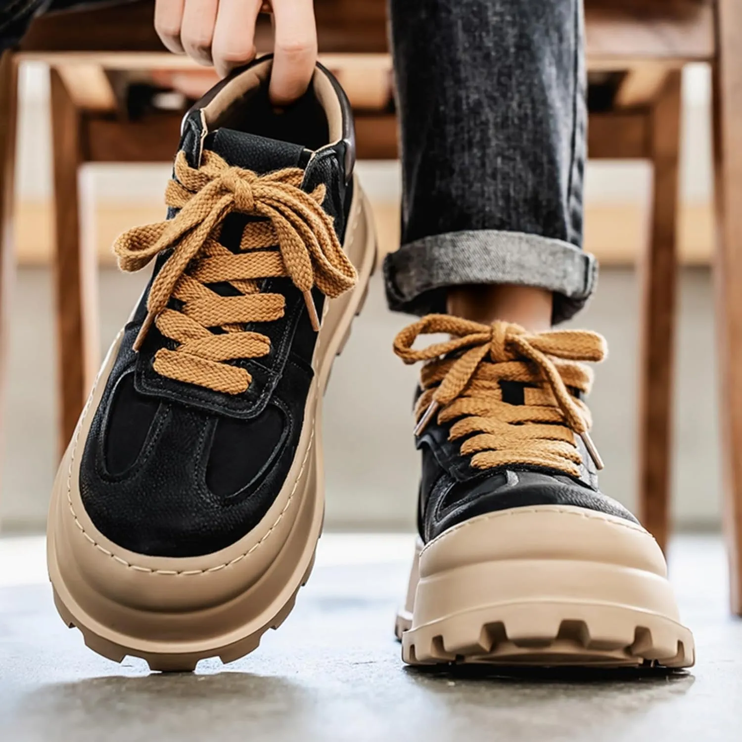 Mens Fashion Suede Leather Lace Up Platform Sneakers Casual Retro Round Toe Non Slip Flats Orthotic Sport Shoes for Walking Daily Travel