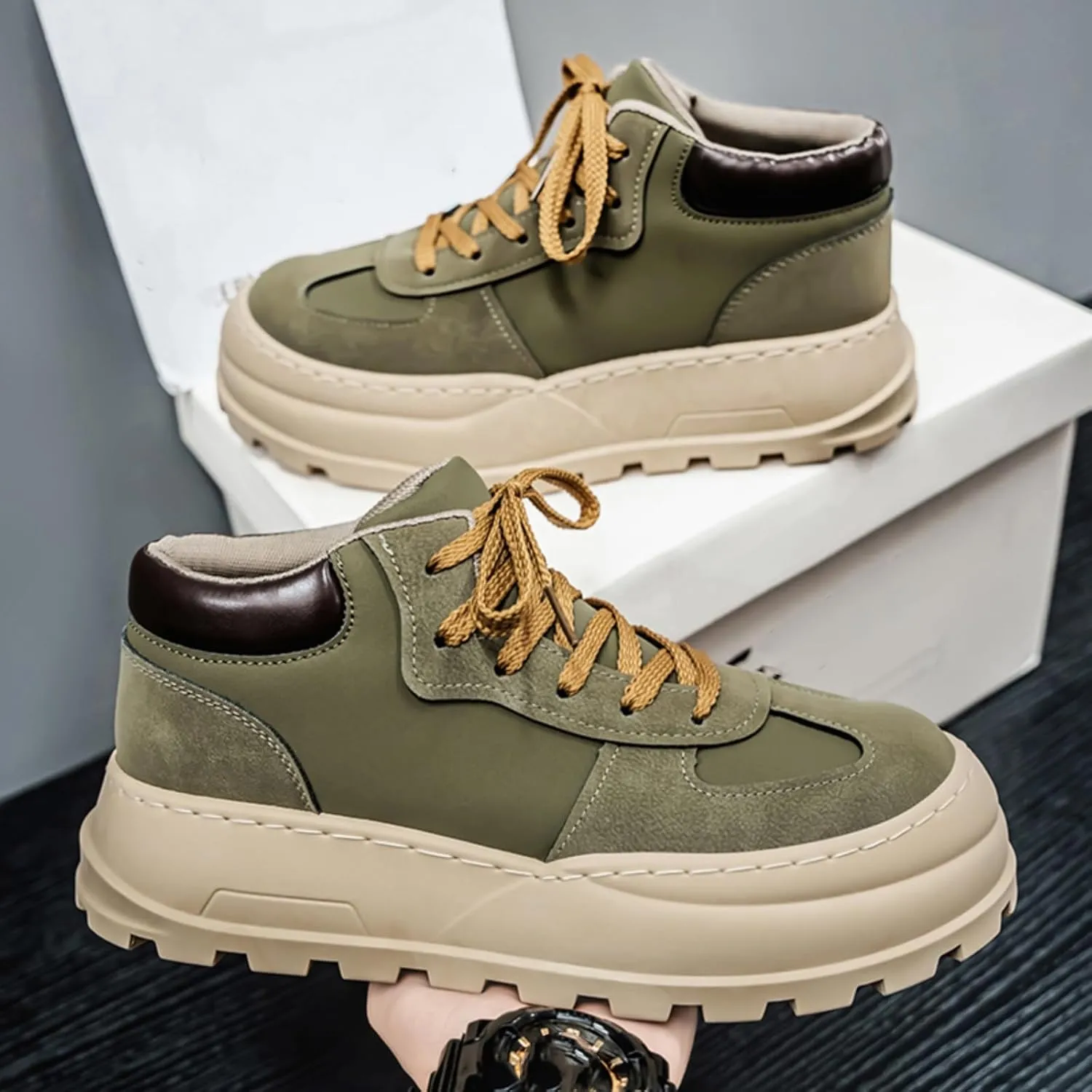 Mens Fashion Suede Leather Lace Up Platform Sneakers Casual Retro Round Toe Non Slip Flats Orthotic Sport Shoes for Walking Daily Travel