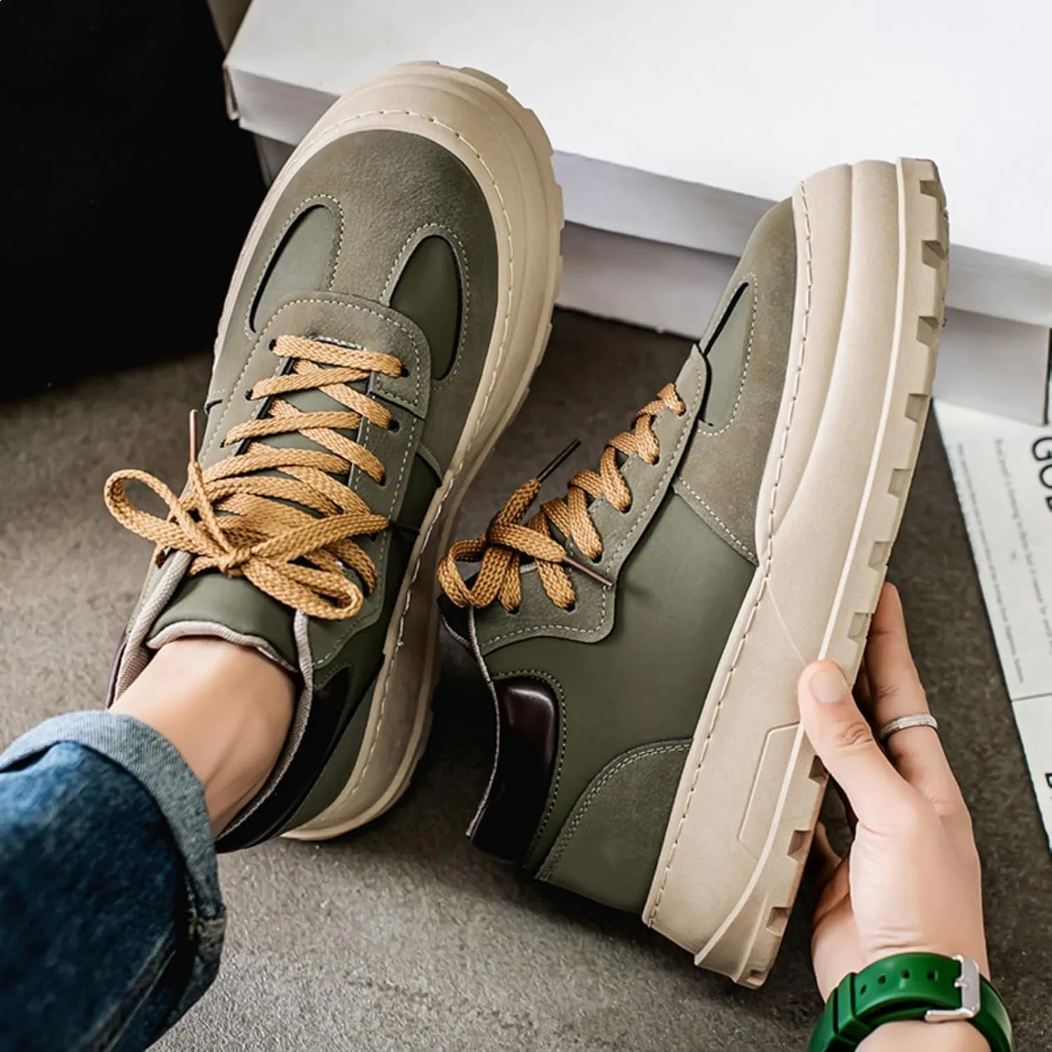 Mens Fashion Suede Leather Lace Up Platform Sneakers Casual Retro Round Toe Non Slip Flats Orthotic Sport Shoes for Walking Daily Travel