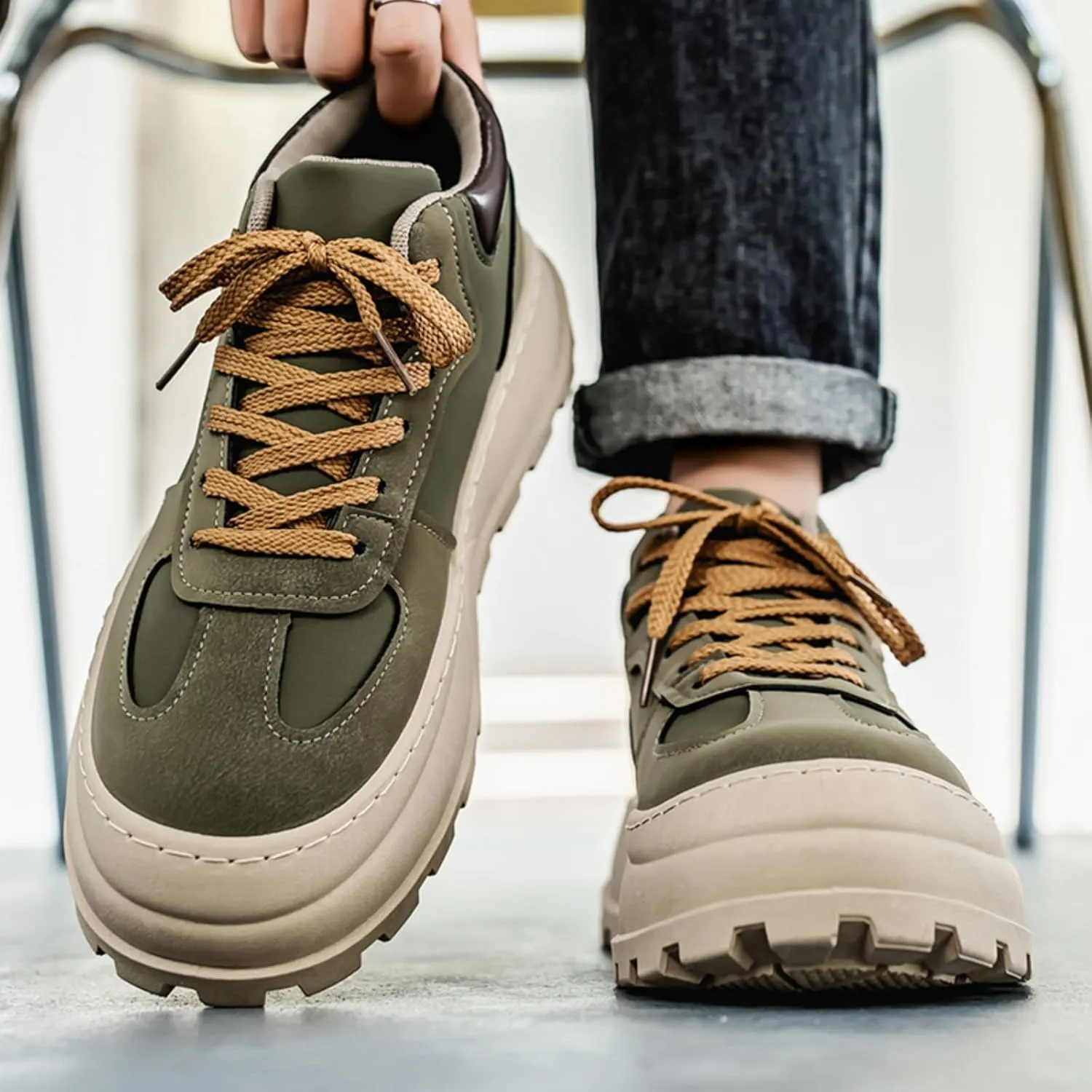 Mens Fashion Suede Leather Lace Up Platform Sneakers Casual Retro Round Toe Non Slip Flats Orthotic Sport Shoes for Walking Daily Travel