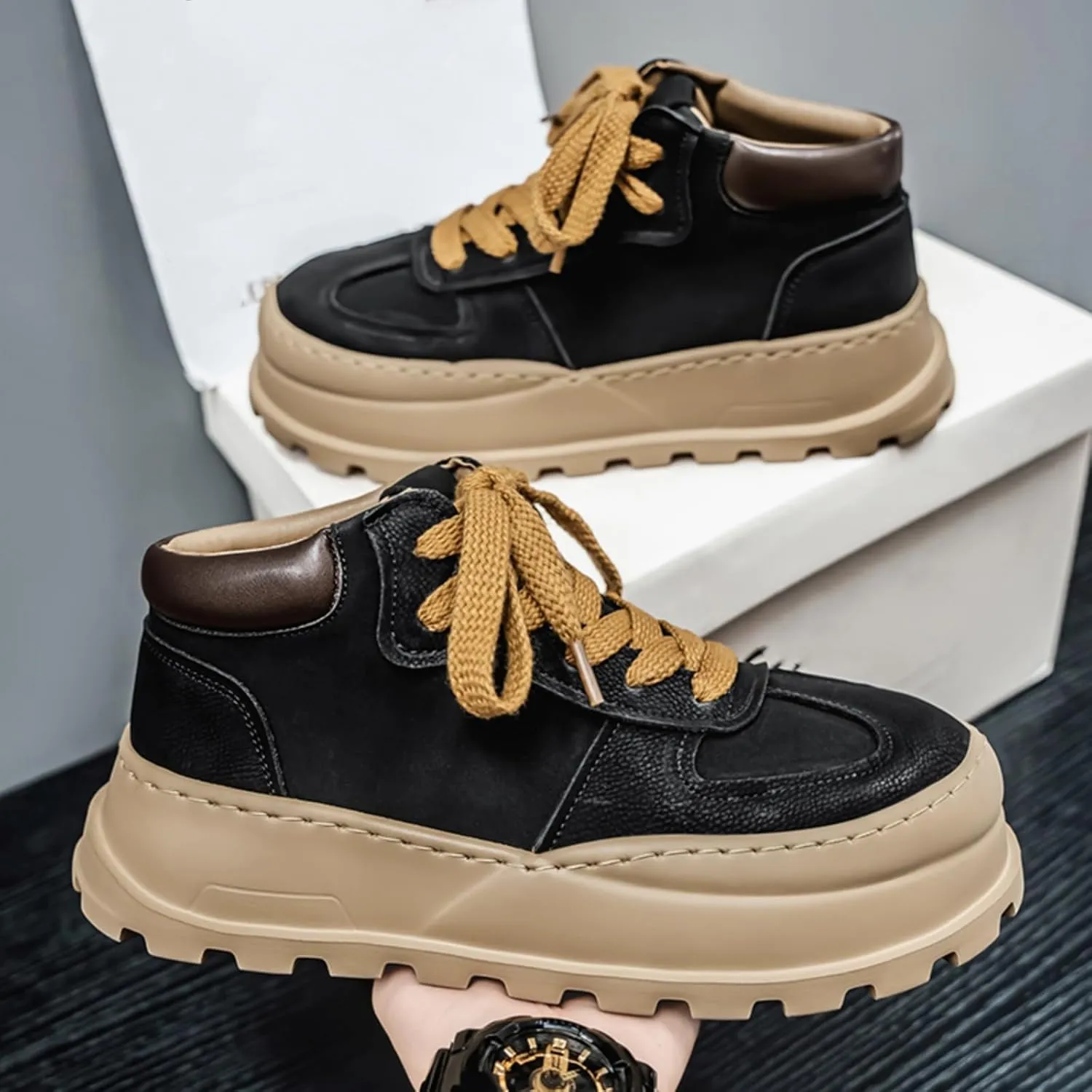 Mens Fashion Suede Leather Lace Up Platform Sneakers Casual Retro Round Toe Non Slip Flats Orthotic Sport Shoes for Walking Daily Travel