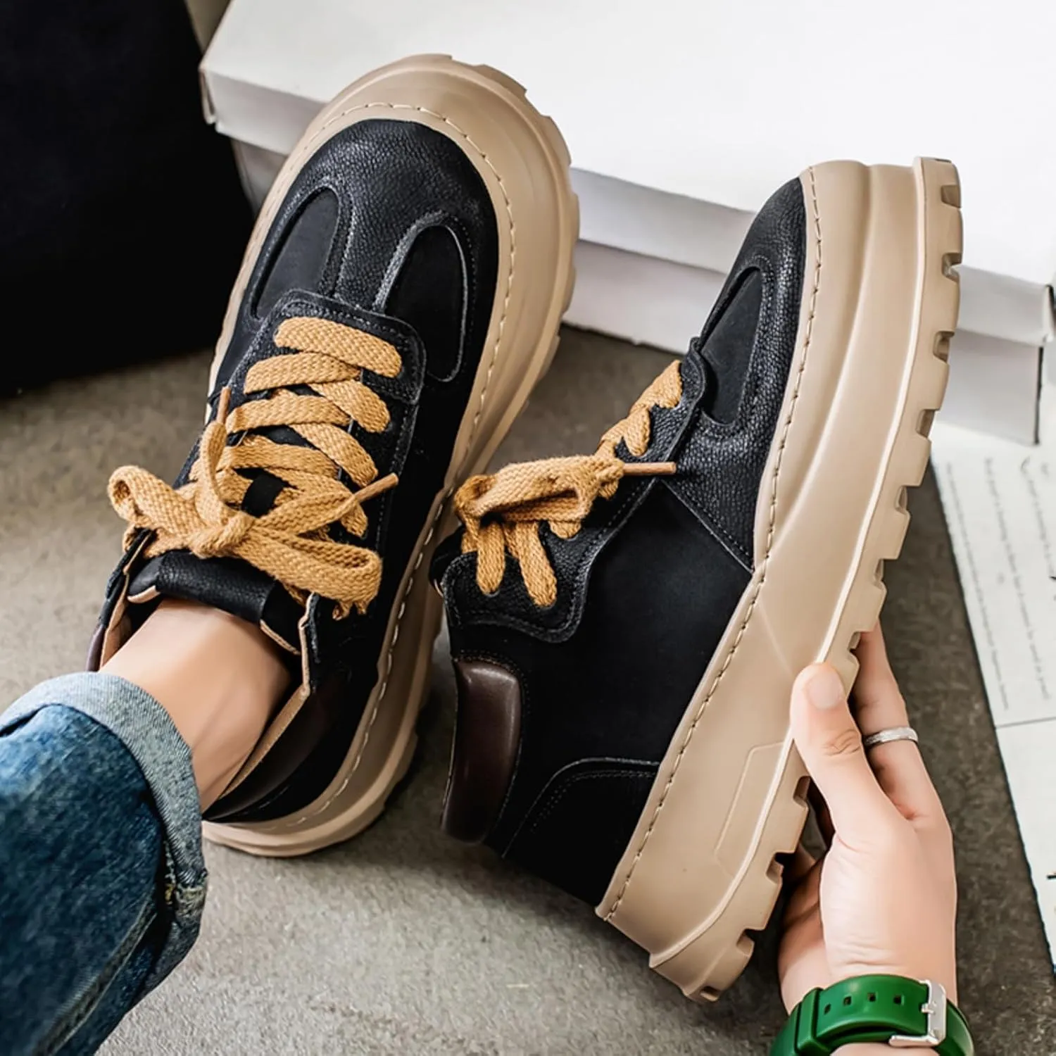 Mens Fashion Suede Leather Lace Up Platform Sneakers Casual Retro Round Toe Non Slip Flats Orthotic Sport Shoes for Walking Daily Travel