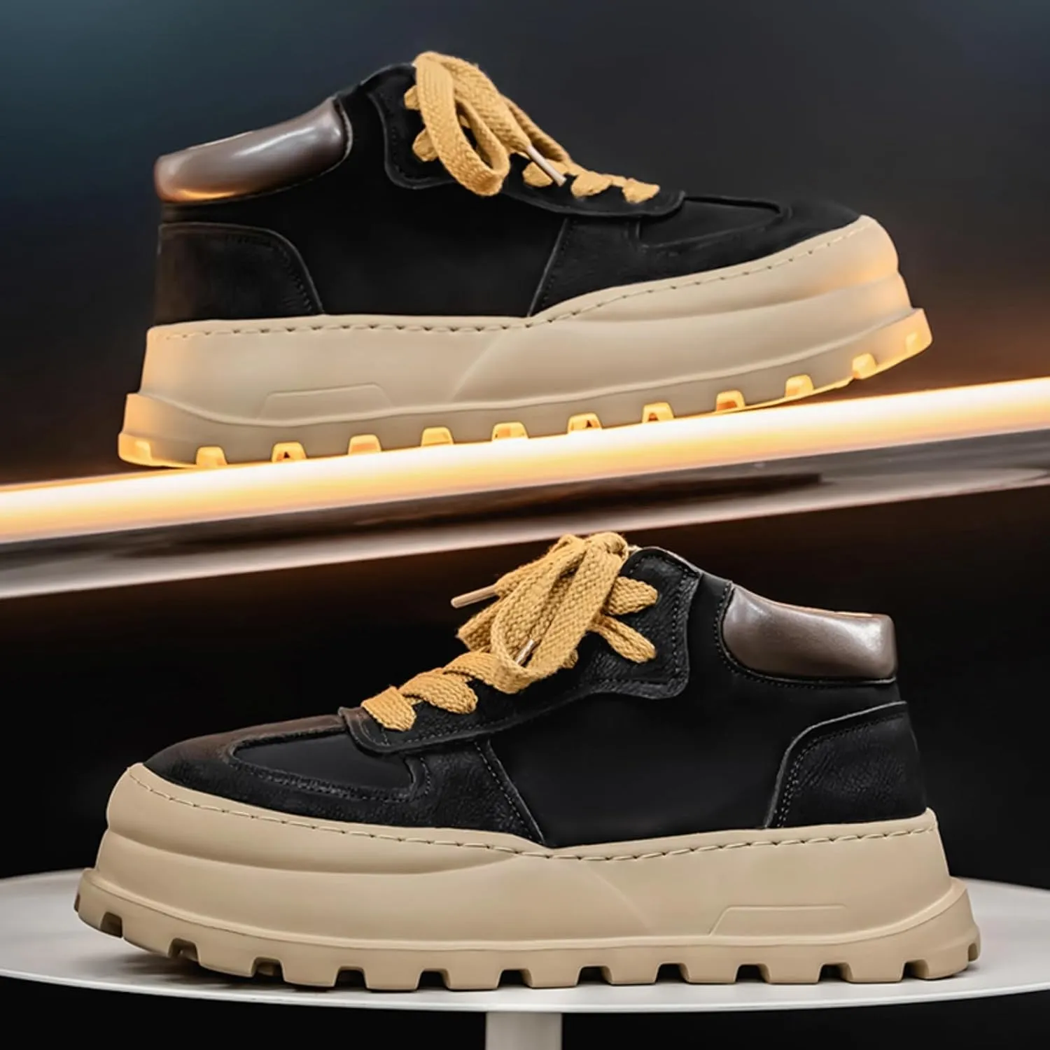 Mens Fashion Suede Leather Lace Up Platform Sneakers Casual Retro Round Toe Non Slip Flats Orthotic Sport Shoes for Walking Daily Travel
