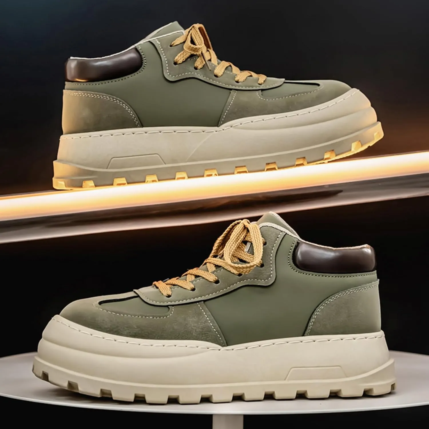 Mens Fashion Suede Leather Lace Up Platform Sneakers Casual Retro Round Toe Non Slip Flats Orthotic Sport Shoes for Walking Daily Travel
