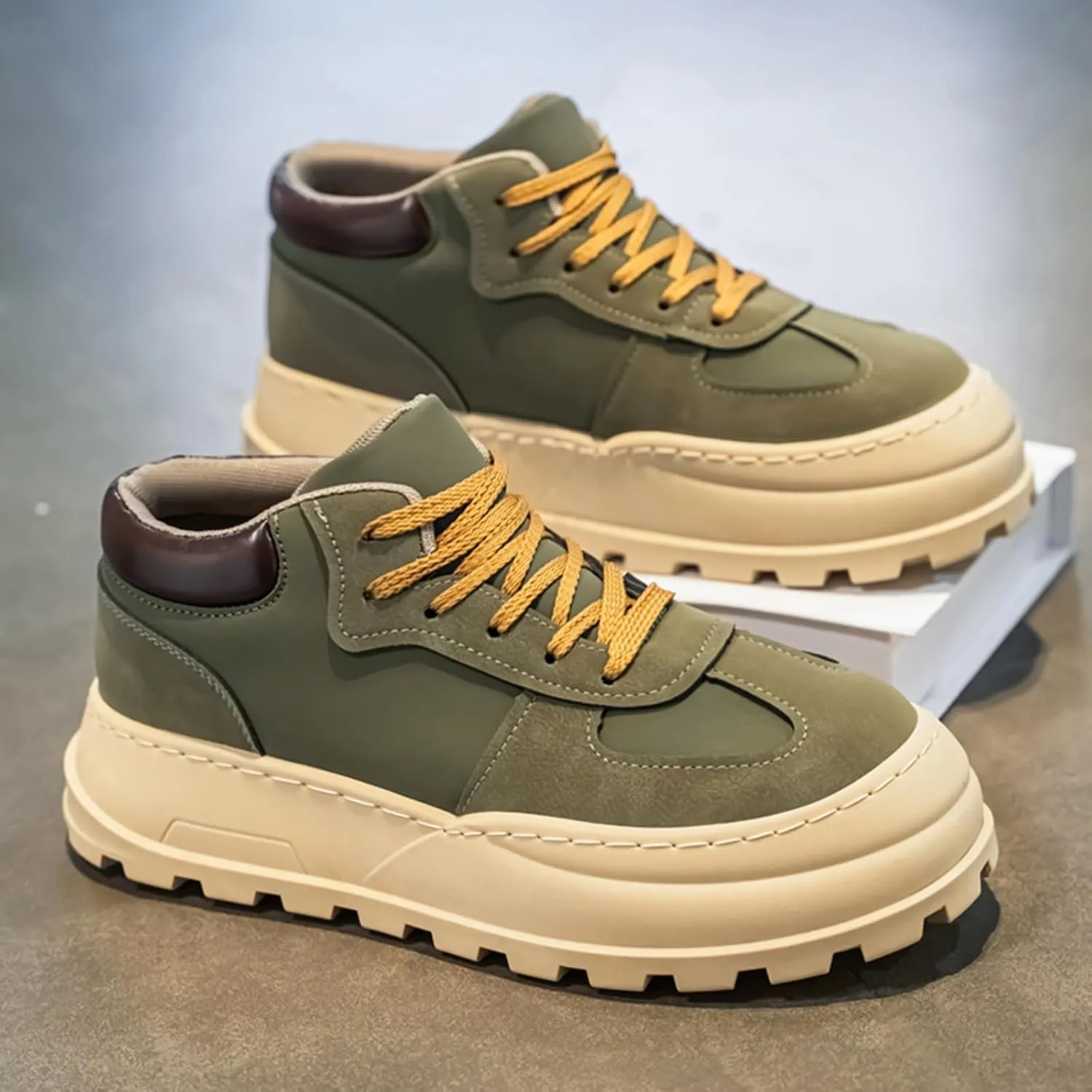 Mens Fashion Suede Leather Lace Up Platform Sneakers Casual Retro Round Toe Non Slip Flats Orthotic Sport Shoes for Walking Daily Travel