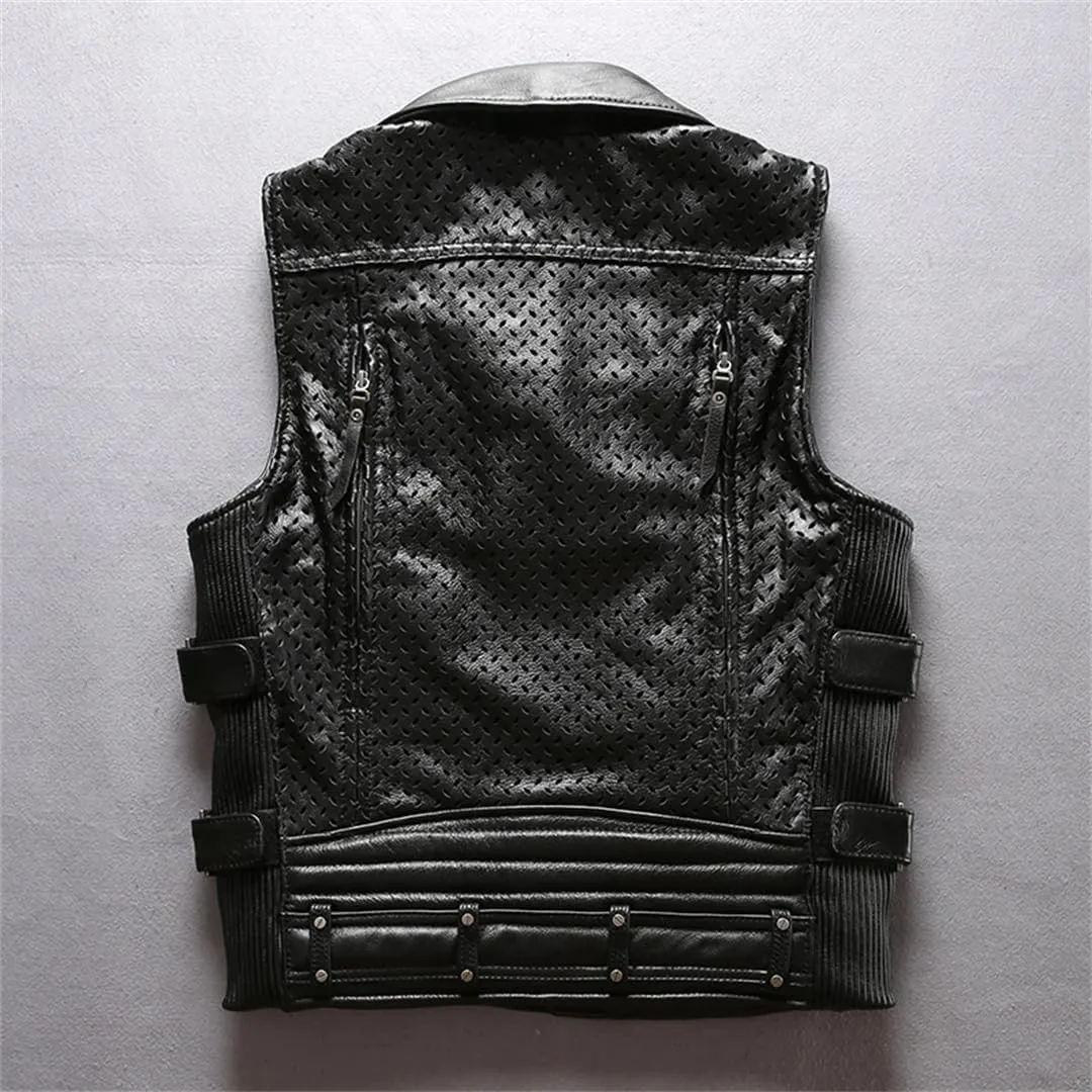 Men'S Genuine Leather Vest Mesh Breathable Oblique Zipper Motorcycle Rider Vests Sleeveless Coat