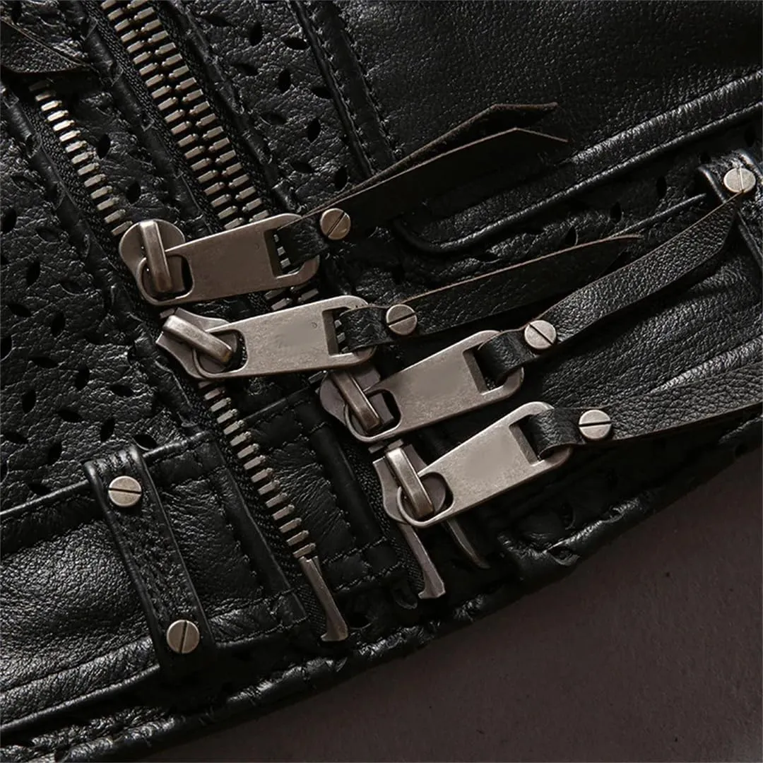 Men'S Genuine Leather Vest Mesh Breathable Oblique Zipper Motorcycle Rider Vests Sleeveless Coat