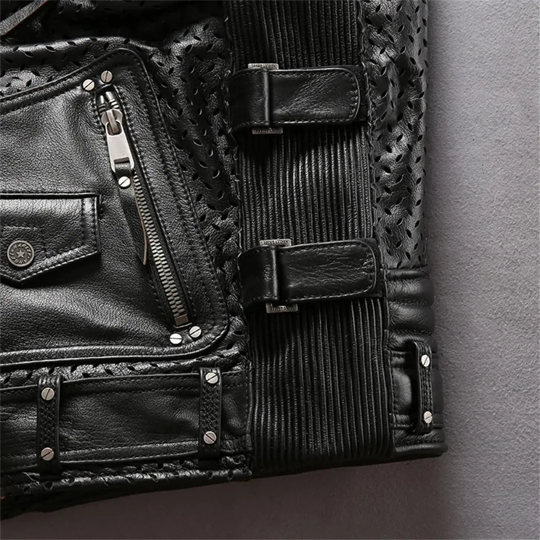 Men'S Genuine Leather Vest Mesh Breathable Oblique Zipper Motorcycle Rider Vests Sleeveless Coat