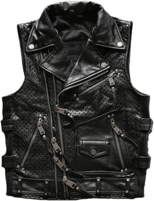 Men'S Genuine Leather Vest Mesh Breathable Oblique Zipper Motorcycle Rider Vests Sleeveless Coat