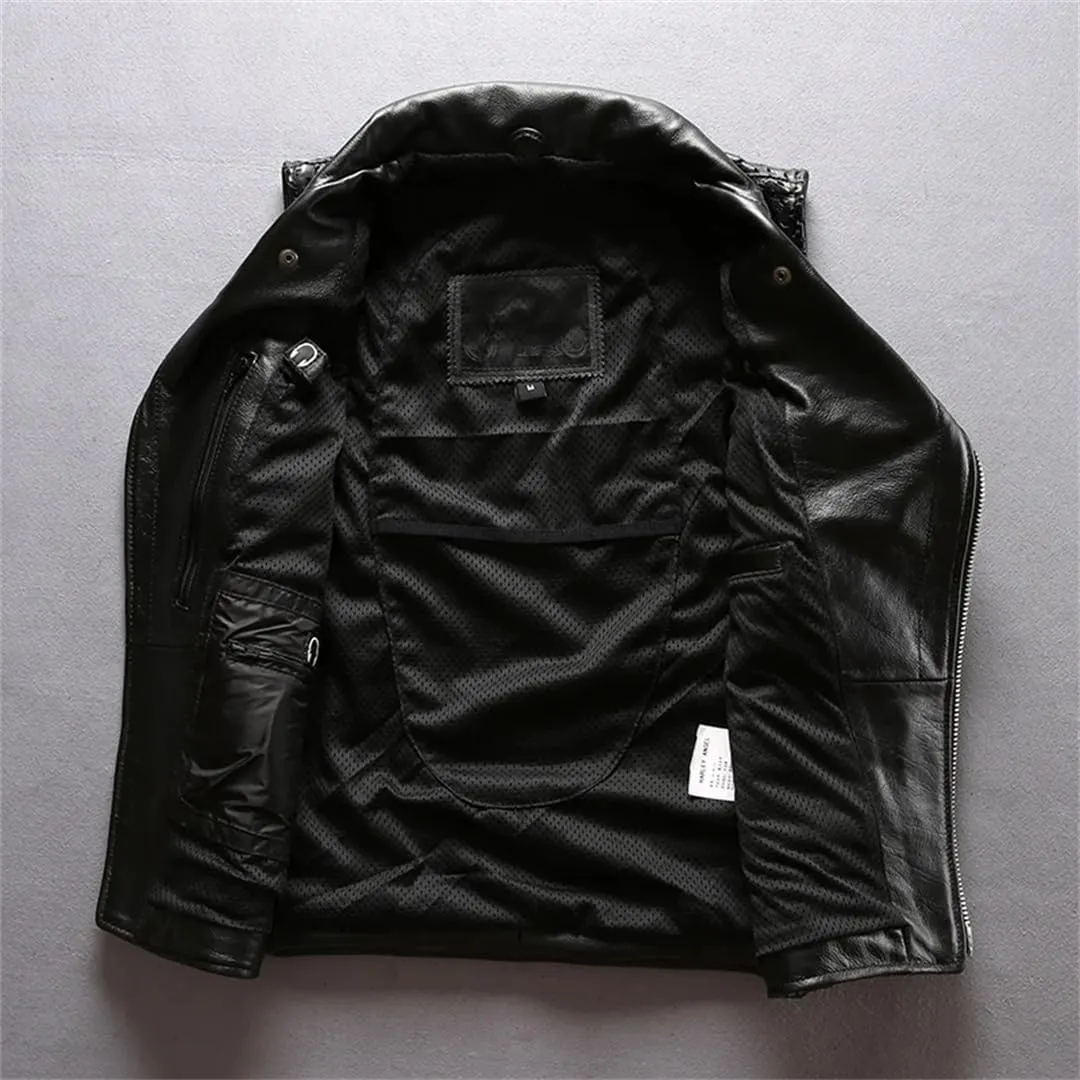 Men'S Genuine Leather Vest Mesh Breathable Oblique Zipper Motorcycle Rider Vests Sleeveless Coat