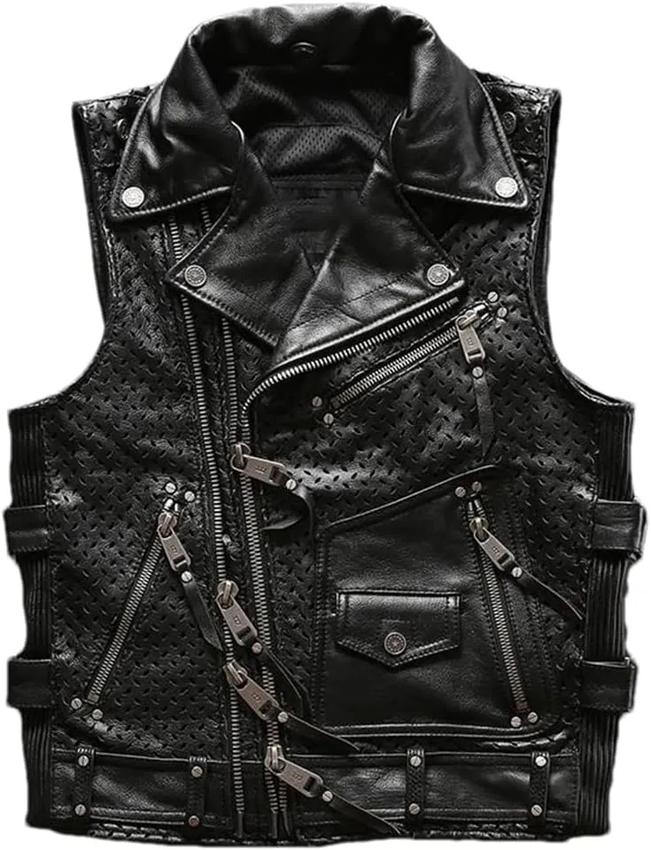 Men'S Genuine Leather Vest Mesh Breathable Oblique Zipper Motorcycle Rider Vests Sleeveless Coat