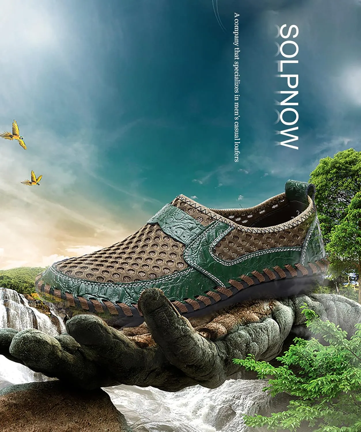 Men's Hand-Stitched Mesh Loafers,Breathable Slip-On Non-Slip Soft Bottom Flat Casual Fishing Hiking Driving Shoes