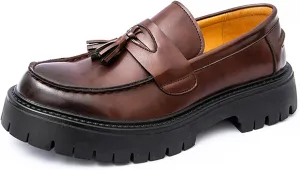 Men's Leather Tassel Platform Penny Loafers Comfort Wide Round Toe Non Slip Lug Sole Slip On Dress Shoes Business Office Casual Shoes