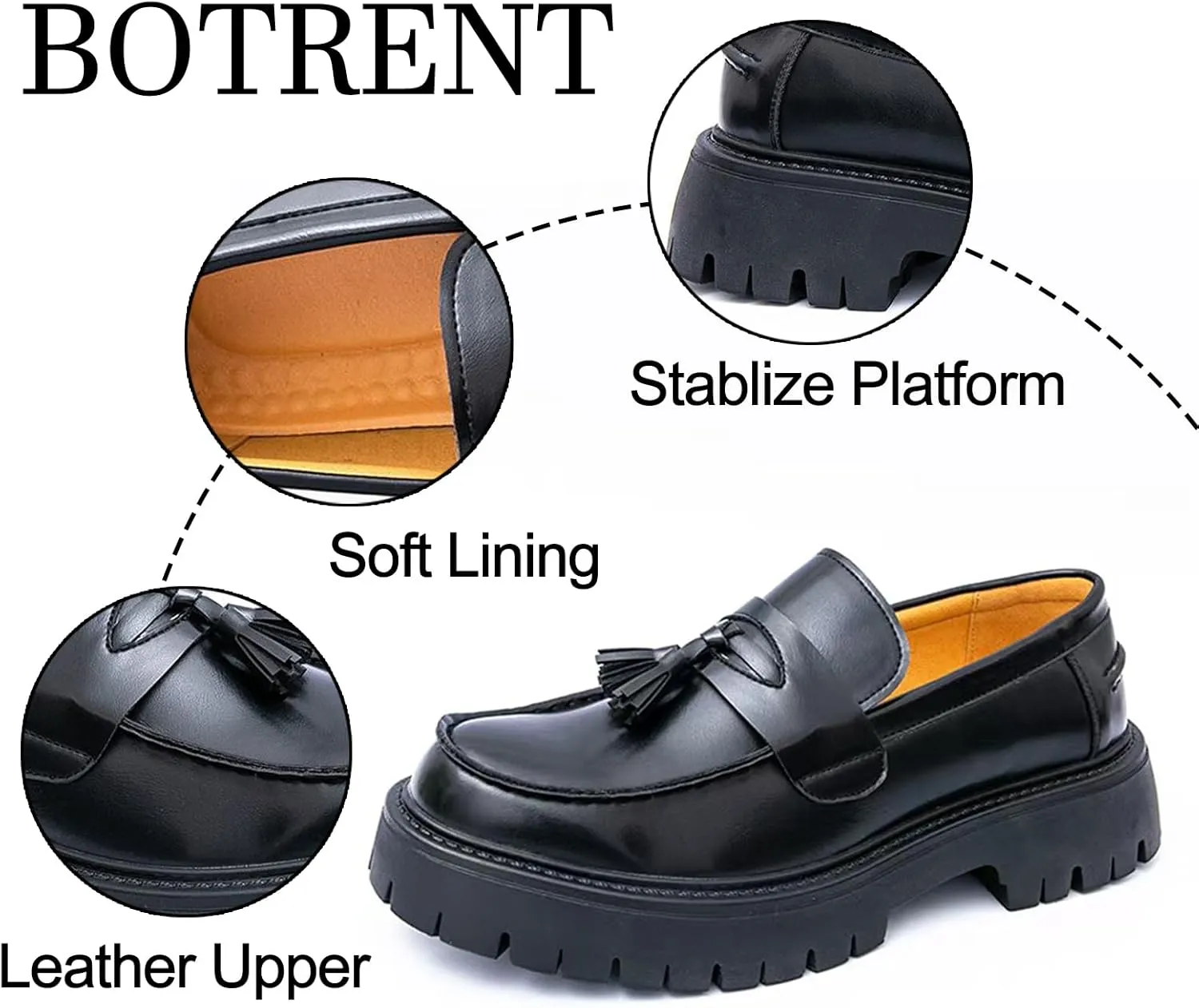 Men's Leather Tassel Platform Penny Loafers Comfort Wide Round Toe Non Slip Lug Sole Slip On Dress Shoes Business Office Casual Shoes
