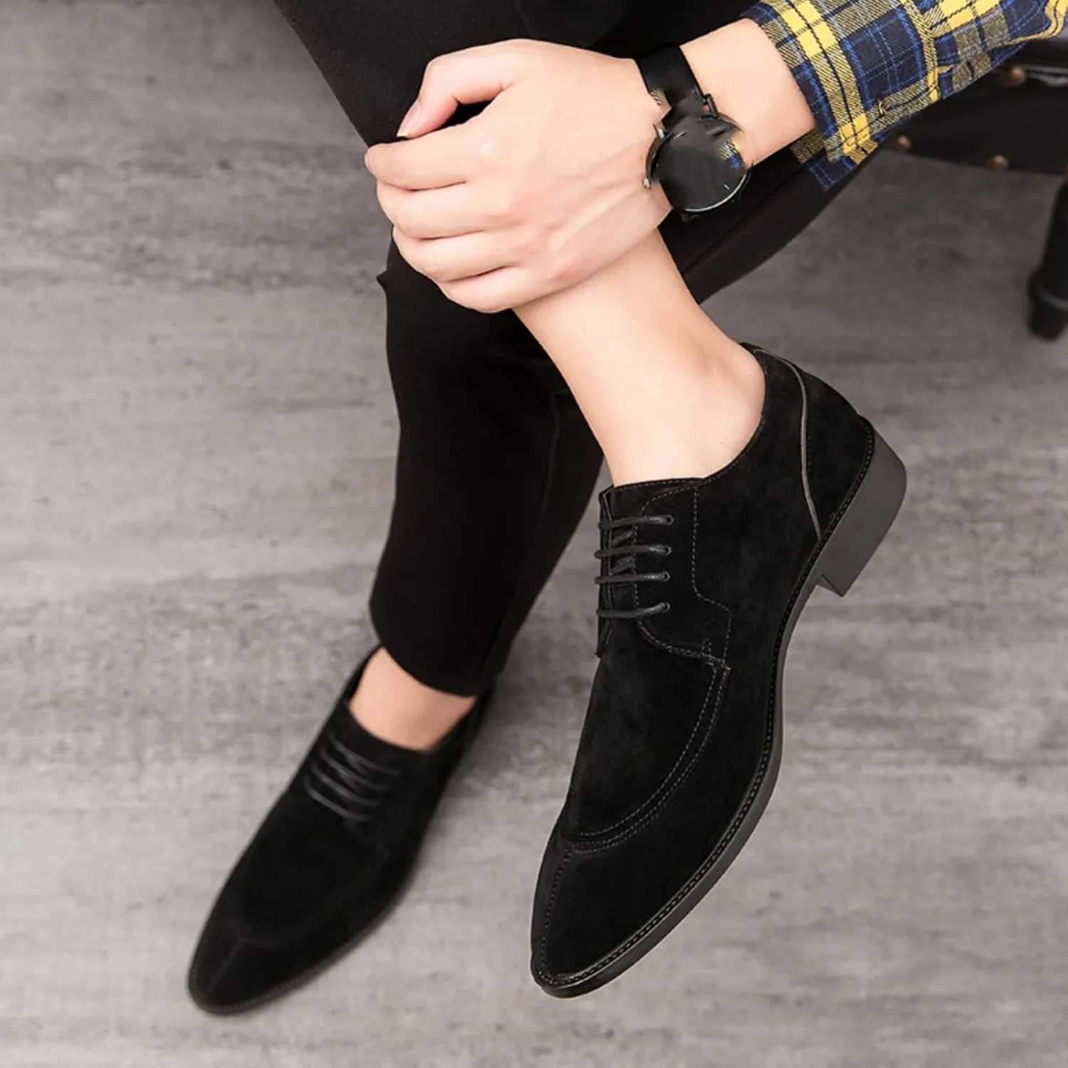 Mens Retro Suede Leather Lace Up Dress Oxfords Shoes Classic Slip On Low Top Pointed Toe Non-Slip Flats Derby Shoes for Formal Business Wedding