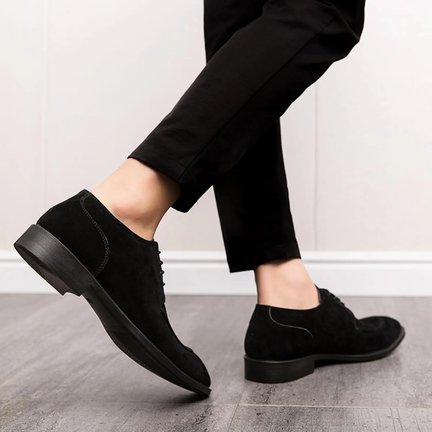 Mens Retro Suede Leather Lace Up Dress Oxfords Shoes Classic Slip On Low Top Pointed Toe Non-Slip Flats Derby Shoes for Formal Business Wedding