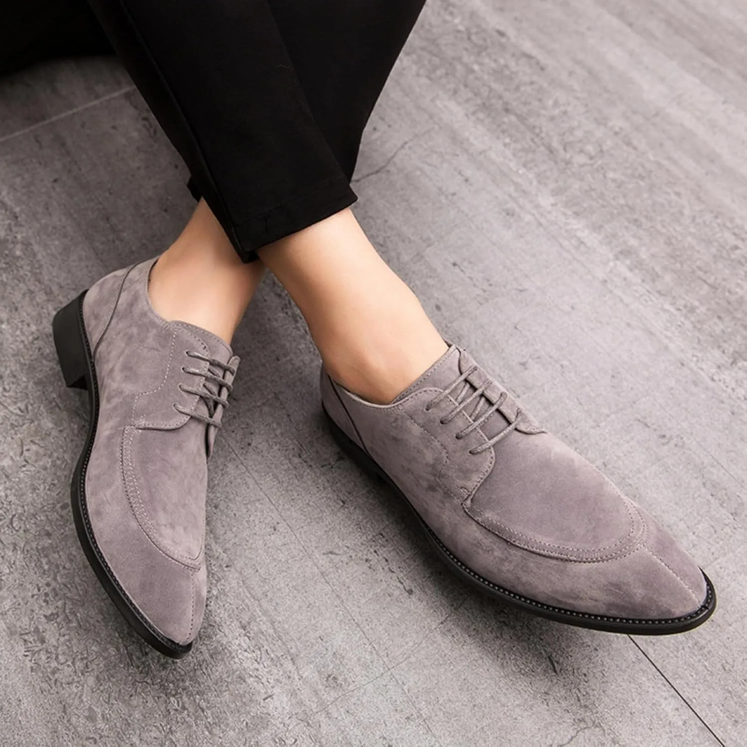 Mens Retro Suede Leather Lace Up Dress Oxfords Shoes Classic Slip On Low Top Pointed Toe Non-Slip Flats Derby Shoes for Formal Business Wedding