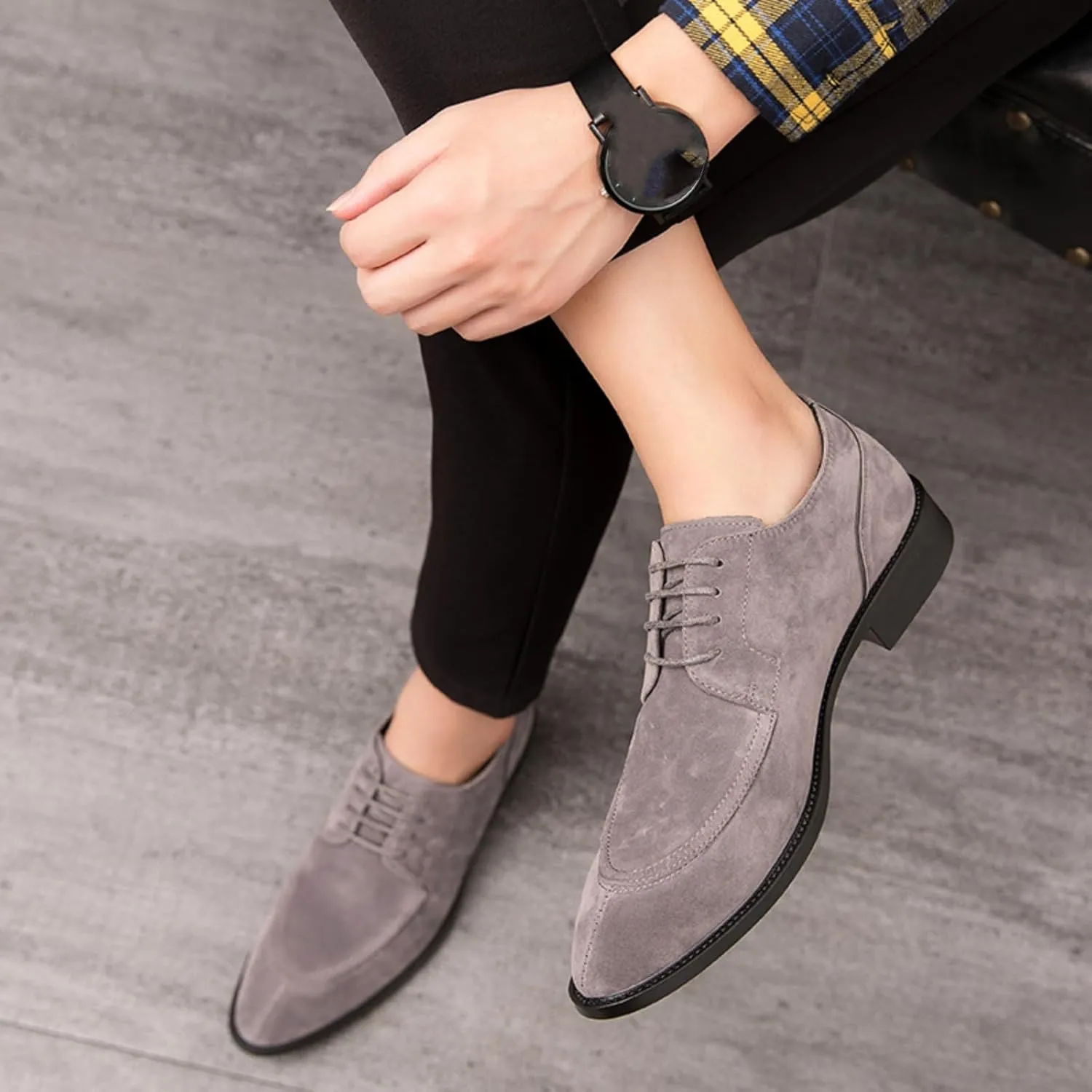 Mens Retro Suede Leather Lace Up Dress Oxfords Shoes Classic Slip On Low Top Pointed Toe Non-Slip Flats Derby Shoes for Formal Business Wedding