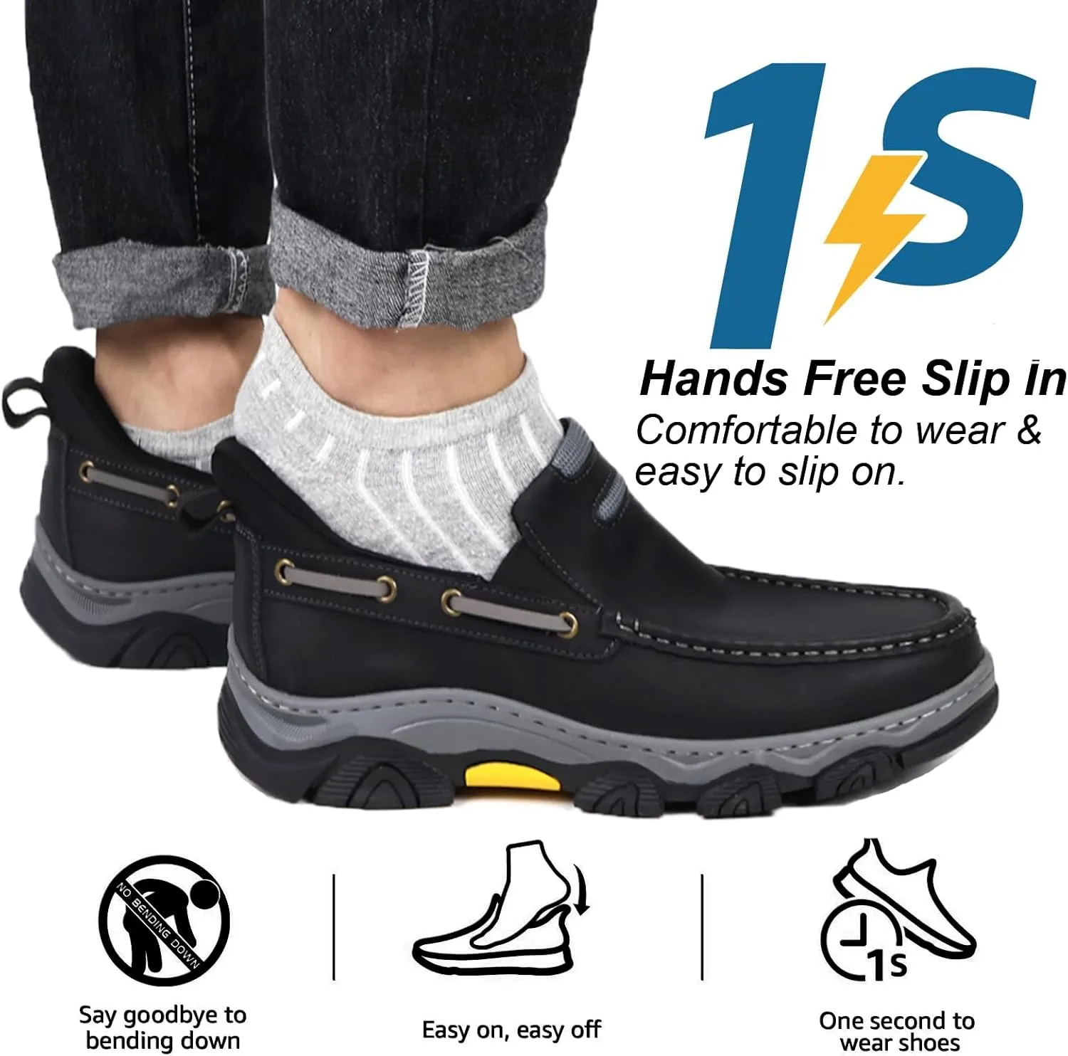 Men's Slip On Hands Free Leather Walking Work Loafers Slip-Ins Outdoor Dress Casual Cushioning Shoes