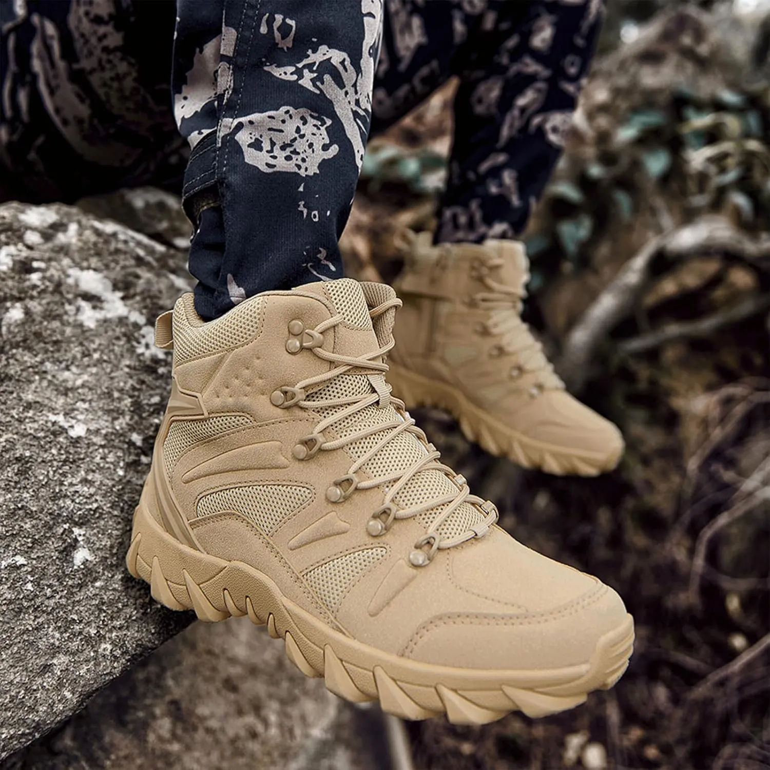 Men's Suede Platform Lace Up Hiking Boots Breathable Mesh Tactical Work Boots Non-Slip Lug Sole Side Zipper Military Boots Outdoor Trekking Backpacking Trails Boot