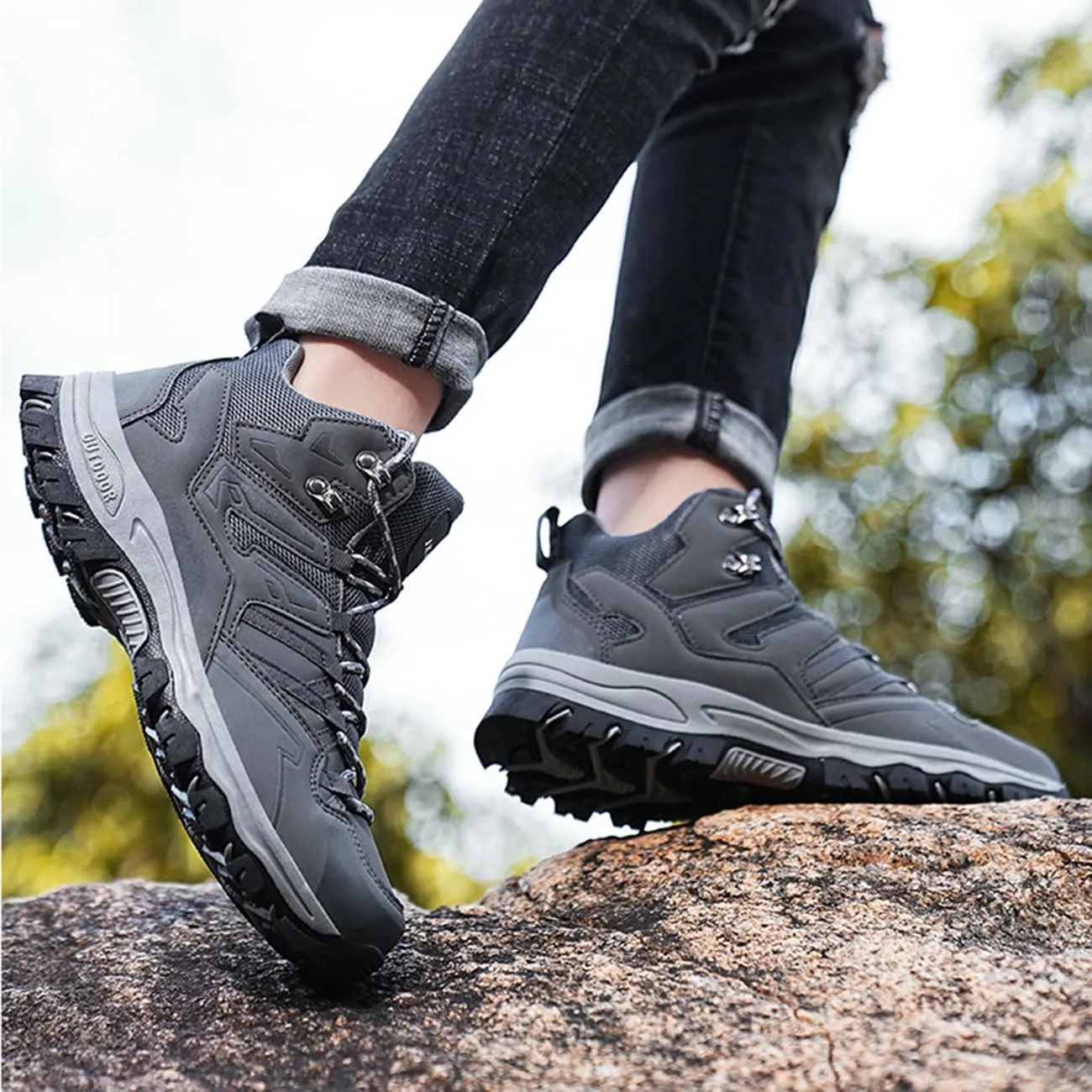 Men's Waterproof Hiking Boots High-Top Leather Non-Slip Outdoor Shoes for Mountain Trekking, Trail & Camping