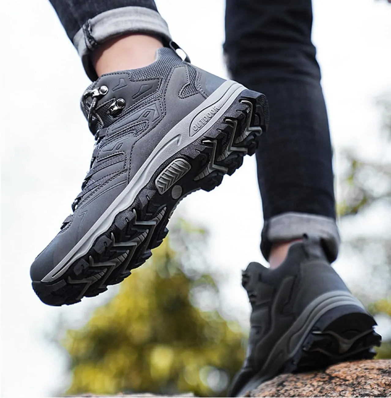 Men's Waterproof Hiking Boots High-Top Leather Non-Slip Outdoor Shoes for Mountain Trekking, Trail & Camping