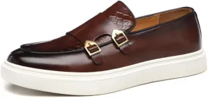 Mens Weave Leather Slip-On Loafers with Double Strap Casual Retro Platform Formal Business Prom Flats Non-Slip Penny Monk Shoes