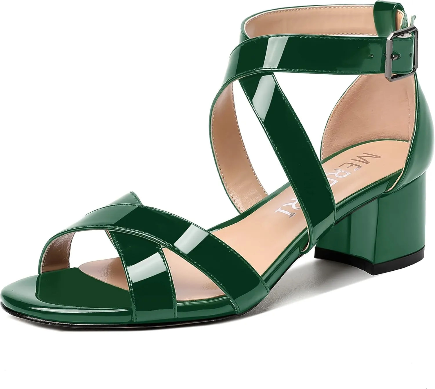 MERRORI Women's Patent Solid Buckle Open Toe Party Ankle Strap Dress Chunky Low Heel Sandals 2 Inch