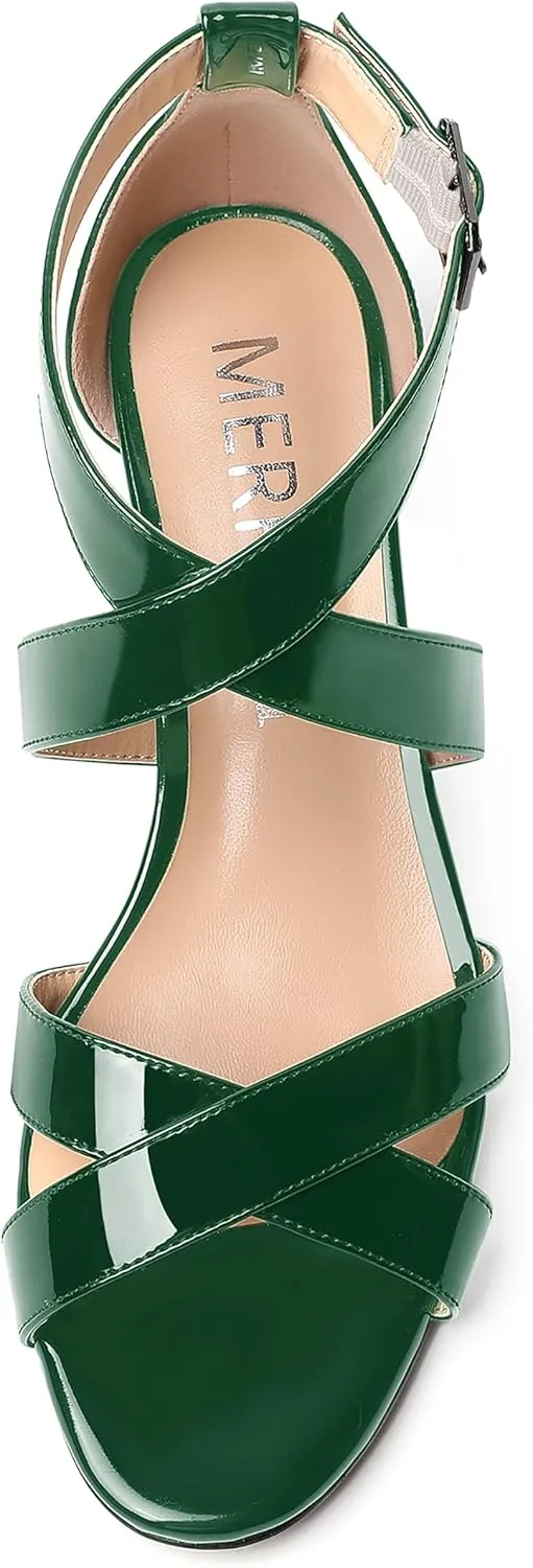 MERRORI Women's Patent Solid Buckle Open Toe Party Ankle Strap Dress Chunky Low Heel Sandals 2 Inch