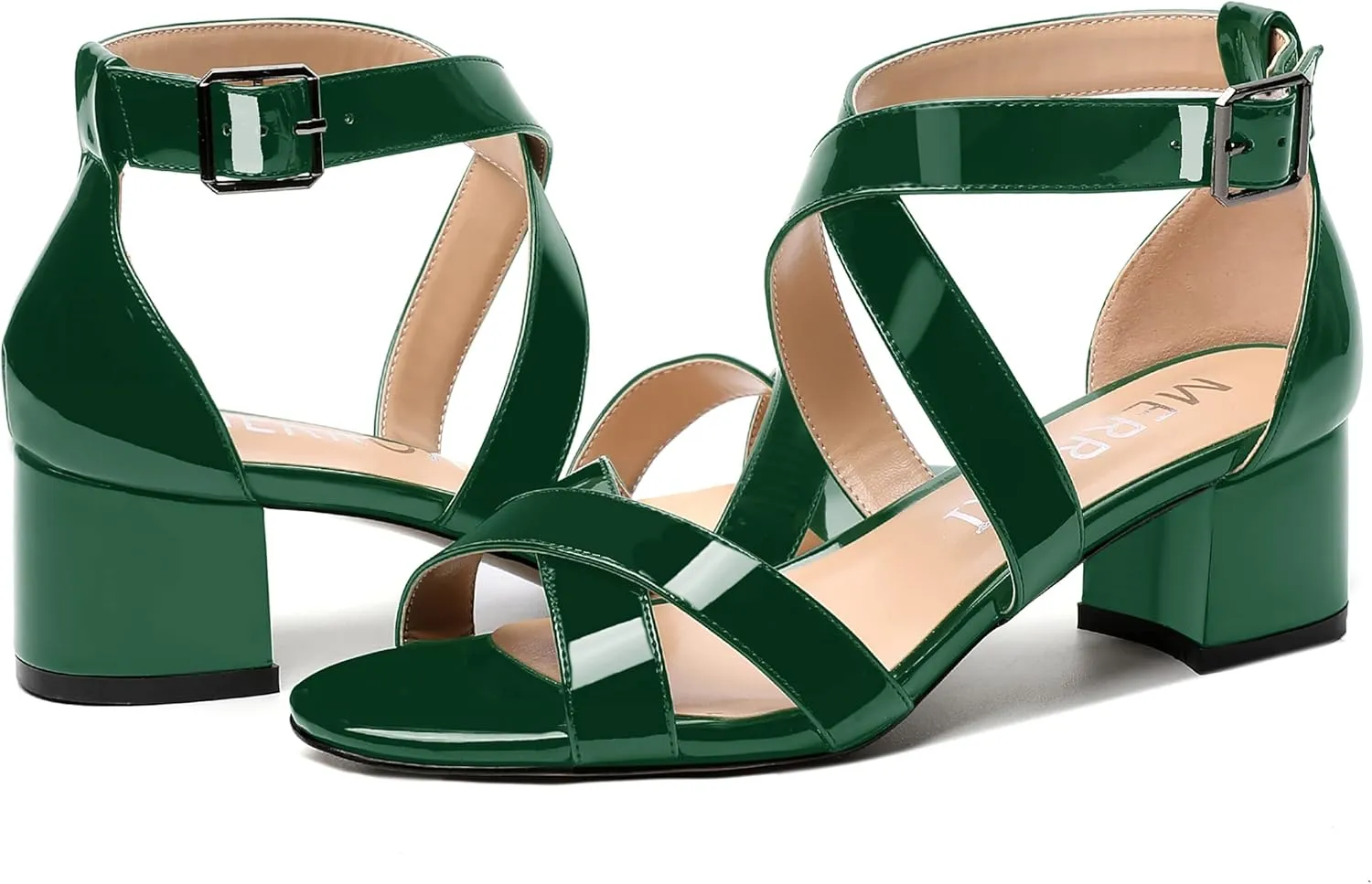 MERRORI Women's Patent Solid Buckle Open Toe Party Ankle Strap Dress Chunky Low Heel Sandals 2 Inch