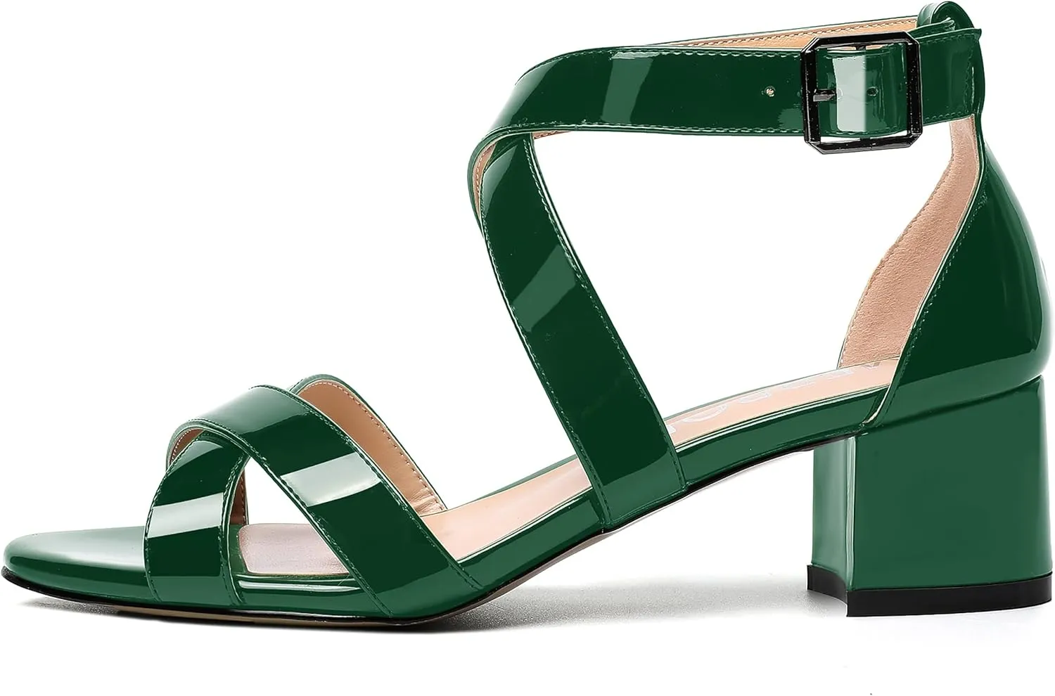 MERRORI Women's Patent Solid Buckle Open Toe Party Ankle Strap Dress Chunky Low Heel Sandals 2 Inch