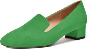 MERRORI Womens Square Toe Suede Casual Slip On Wedding Chunky Low Heel Loafers Shoes 1.5 Inch