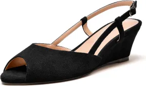 MERRORI Womens Suede Slingback Peep Toe Dating Cute Buckle Wedge Low Heel Wedges Sandals 2 Inch