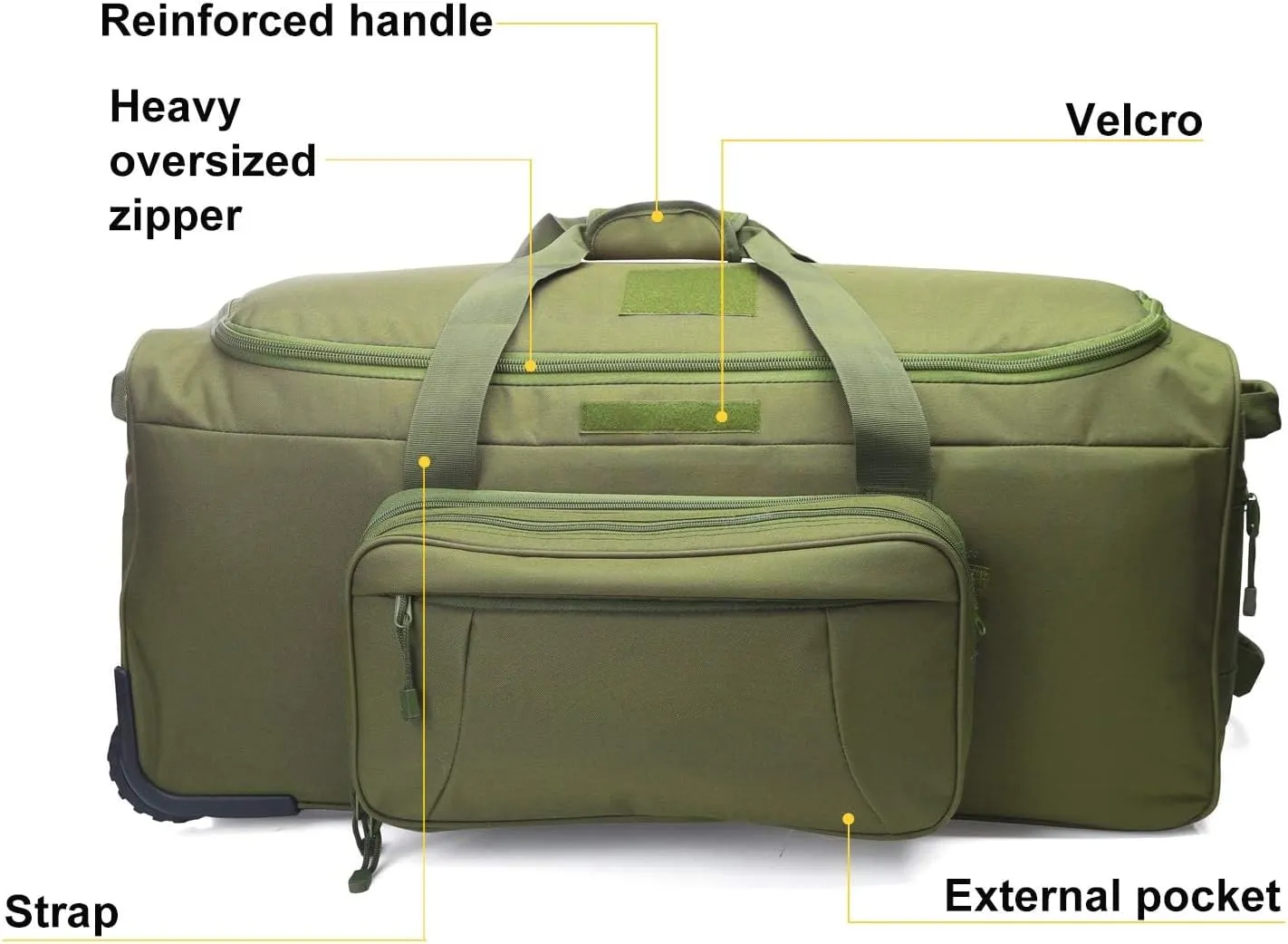 Military Wheeled Deployment Bag Large Tactical Heavy Duty Duffel Bag for Camping Hiking (Green)